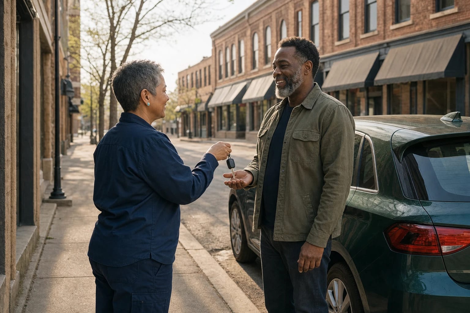Locksmith hands a new car key to a smiling man beside his green hatchback on a brick downtown street