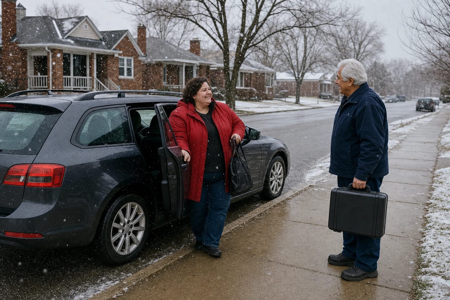 Woman stands at her open car door chatting with a locksmith holding a case on a snowy residential street