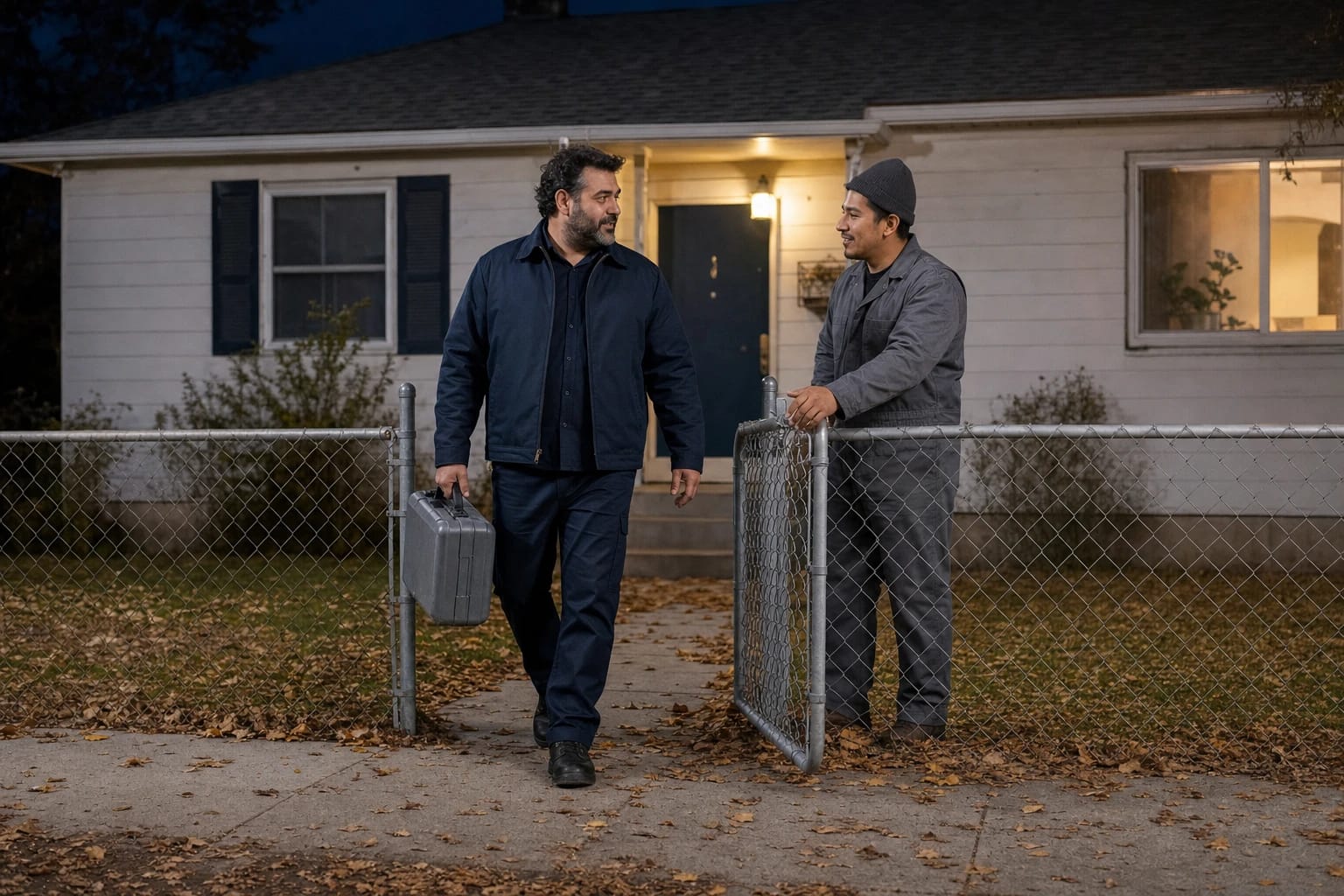 Locksmith with a silver case leaves a small house at night as the homeowner holds the chain-link gate