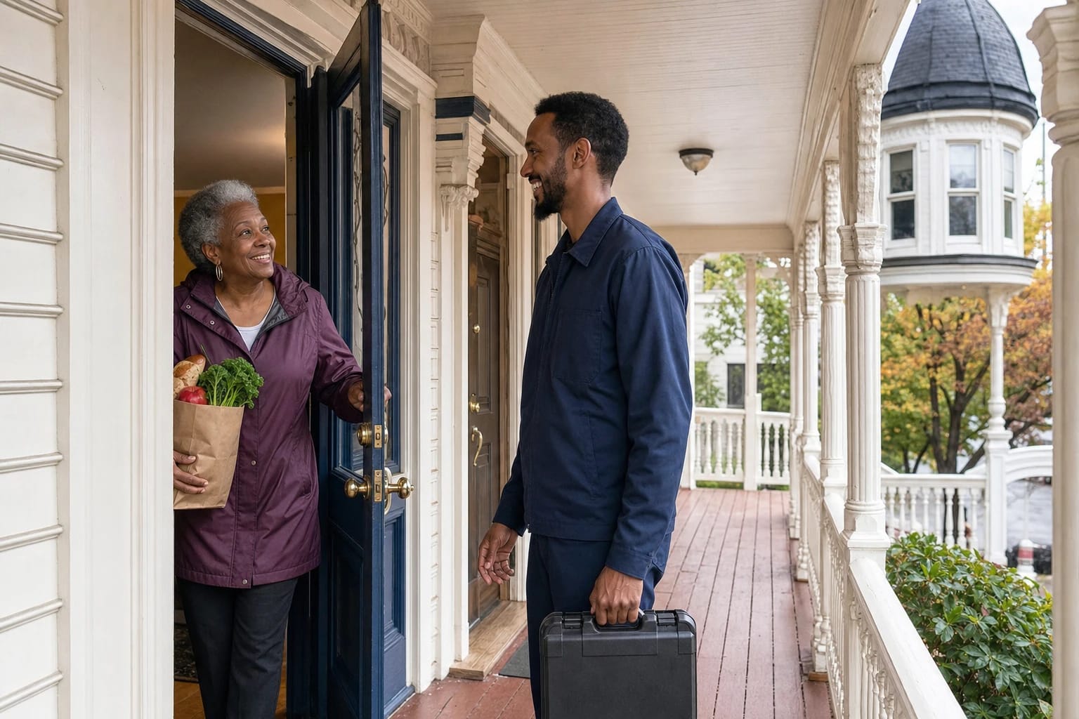 Smiling woman holding groceries opens her front door for a locksmith on a Victorian porch in autumn
