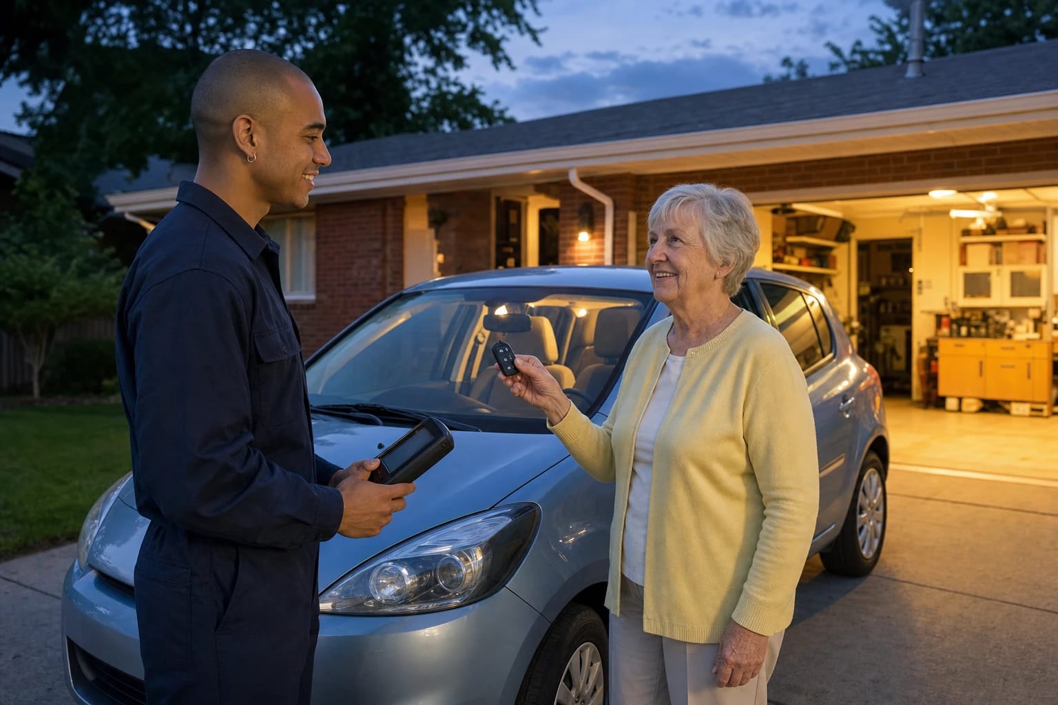 Locksmith holds a programming device as an older woman tests her new key fob beside her car at dusk