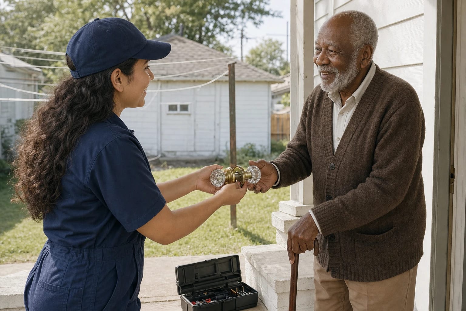 Locksmith hands a restored glass doorknob set to an older man with a cane on his front porch