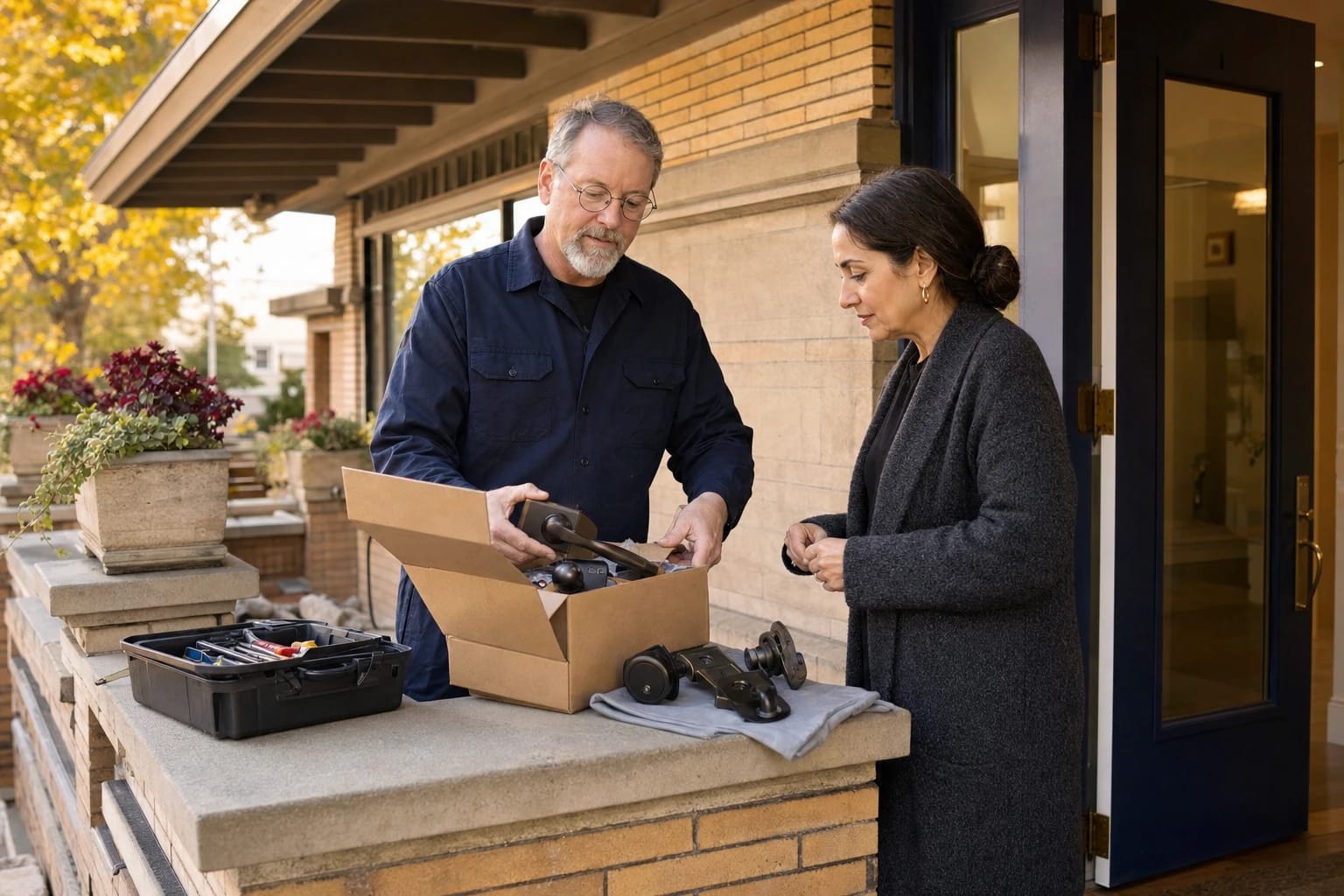 Locksmith unboxes a new bronze lever set while a homeowner looks on, old hardware set on a cloth