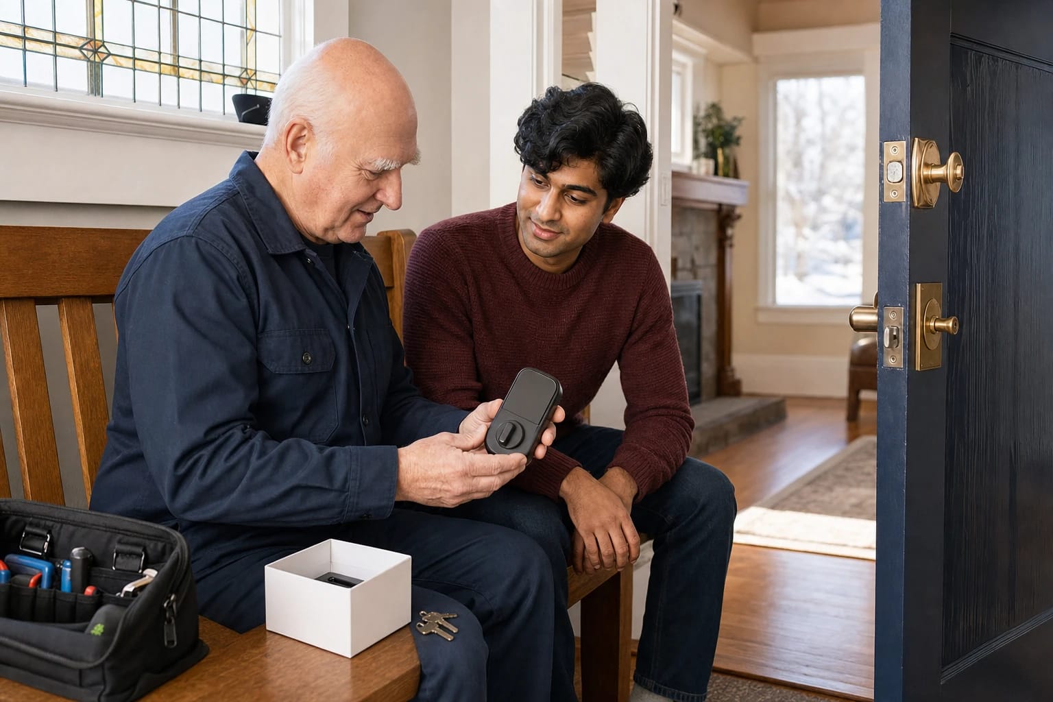 Locksmith shows a young homeowner a new smart deadbolt on an entry bench beside an open front door