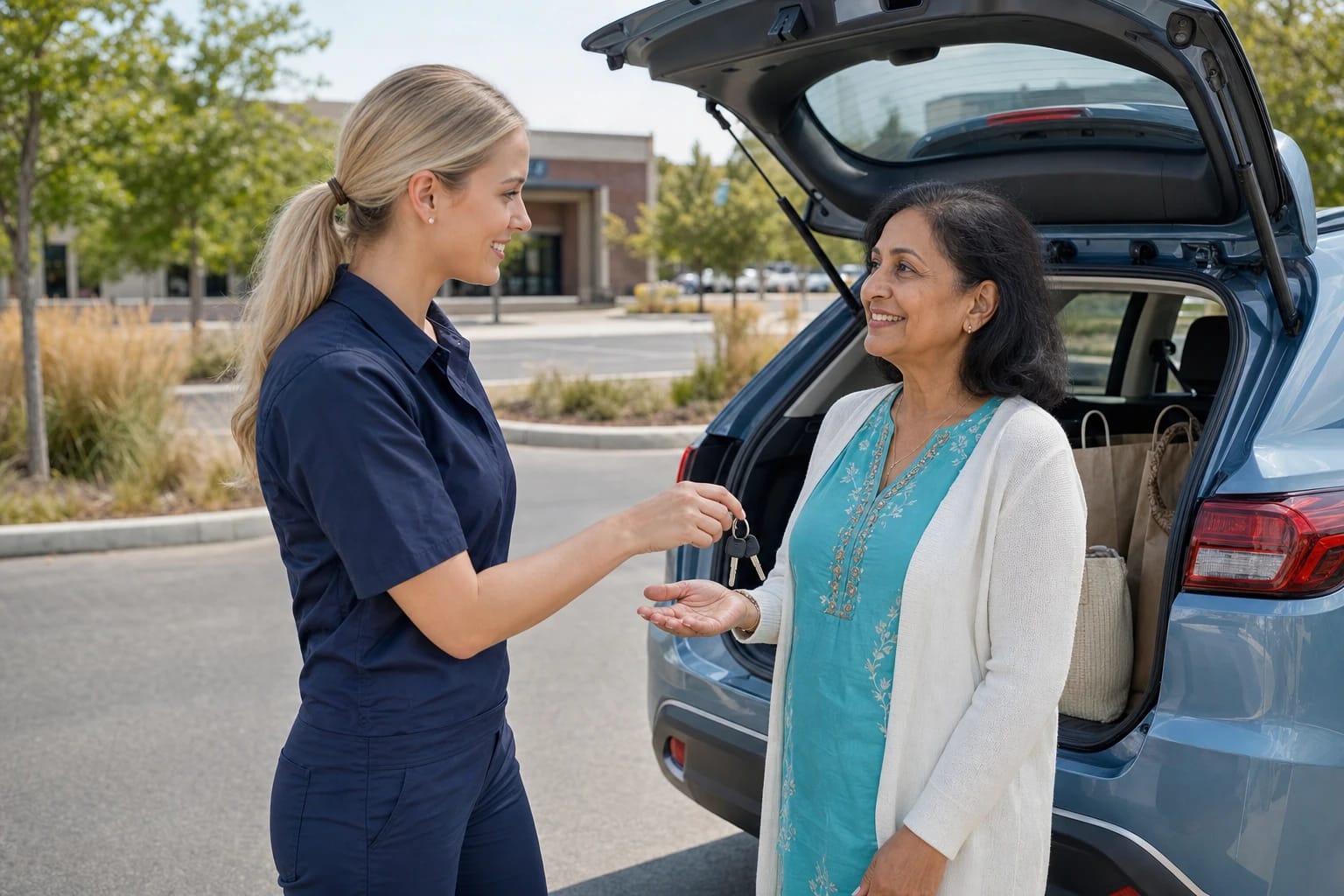Locksmith hands two new car keys to a woman beside her SUV with the liftgate open in a parking lot