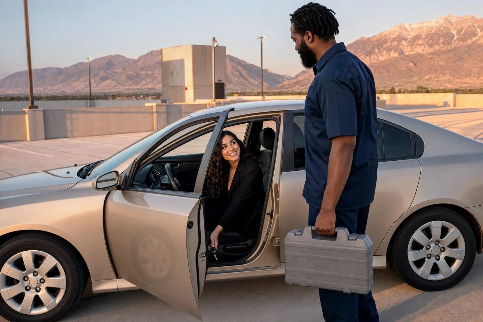 Driver smiles from her car seat holding her key as a locksmith with a tool case stands by on a rooftop lot