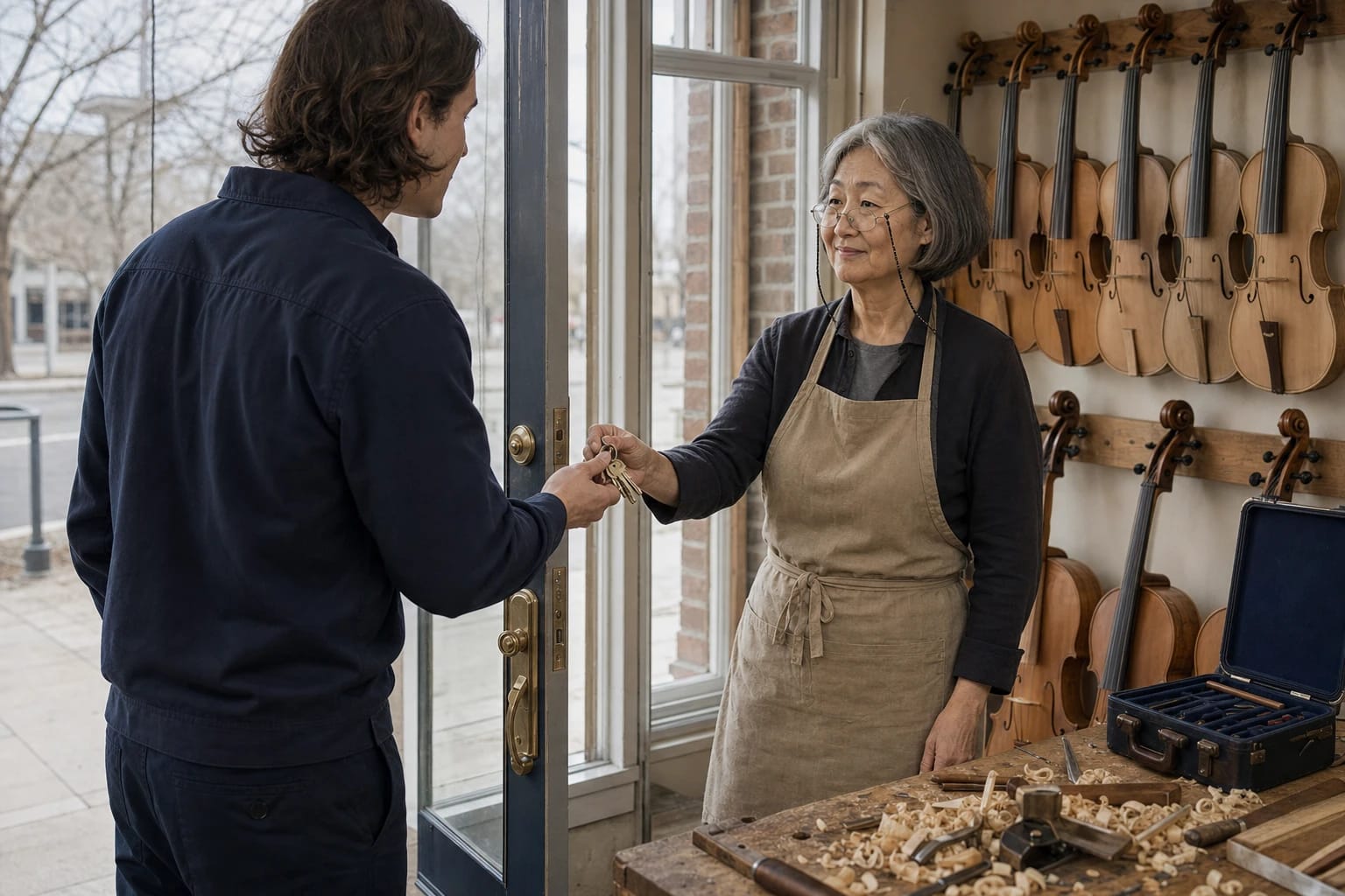 Locksmith hands keys to a violin maker at the glass door of her workshop