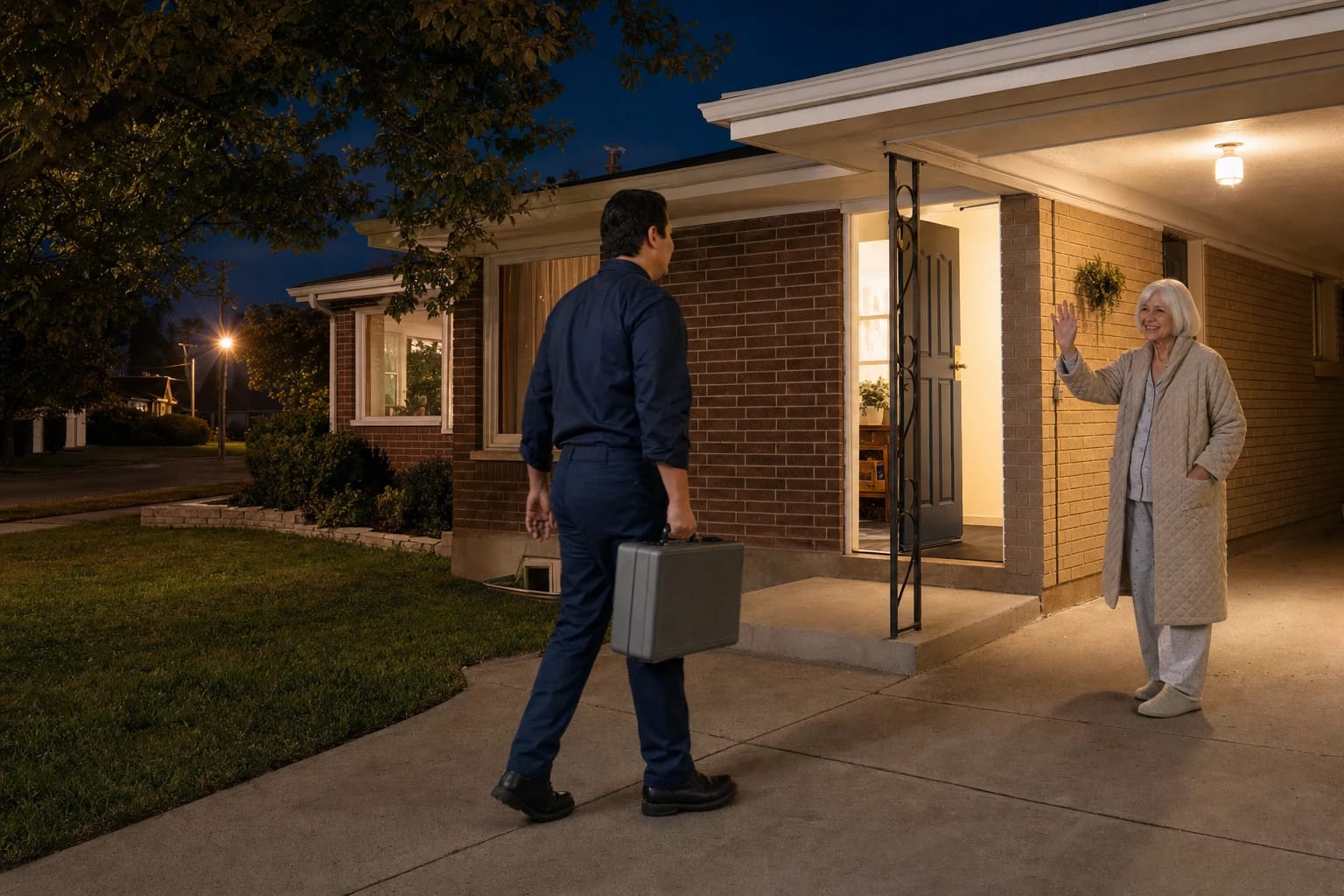 Locksmith carrying a silver case walks up a driveway at night as an older woman in a robe waves from her lit doorway