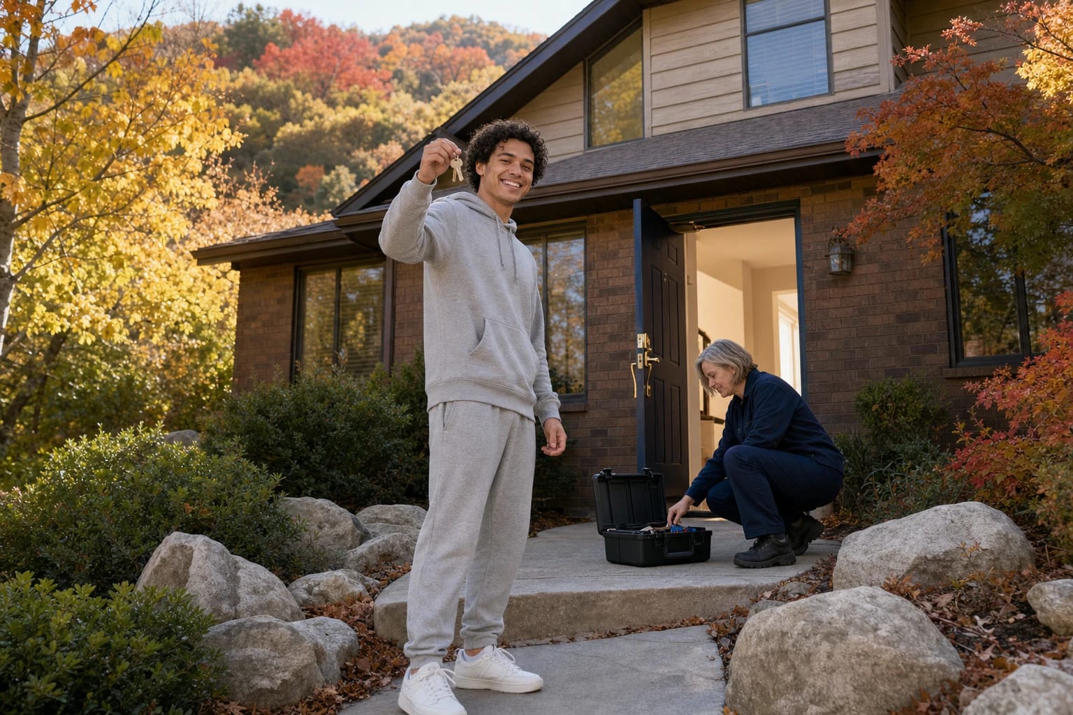 Smiling homeowner holds up his keys while a locksmith packs a tool case at the open front door in autumn