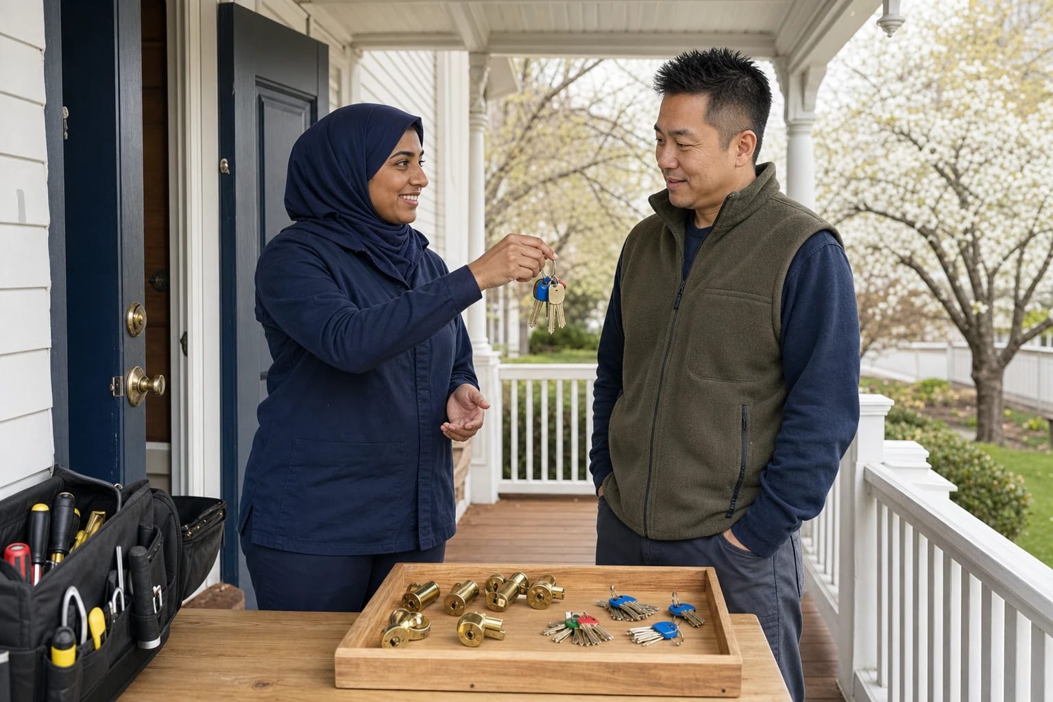 Locksmith hands newly cut keys to a homeowner on a porch, a tray of brass lock cylinders on the table