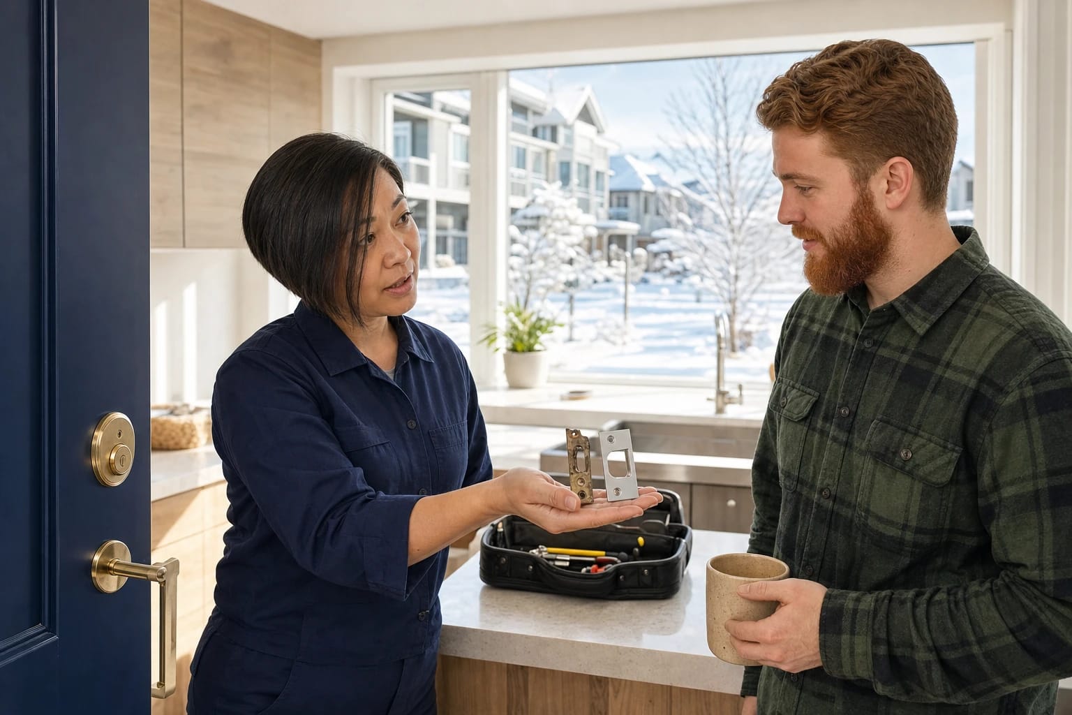 Locksmith shows a homeowner a worn strike plate beside a new one in a kitchen with snow outside