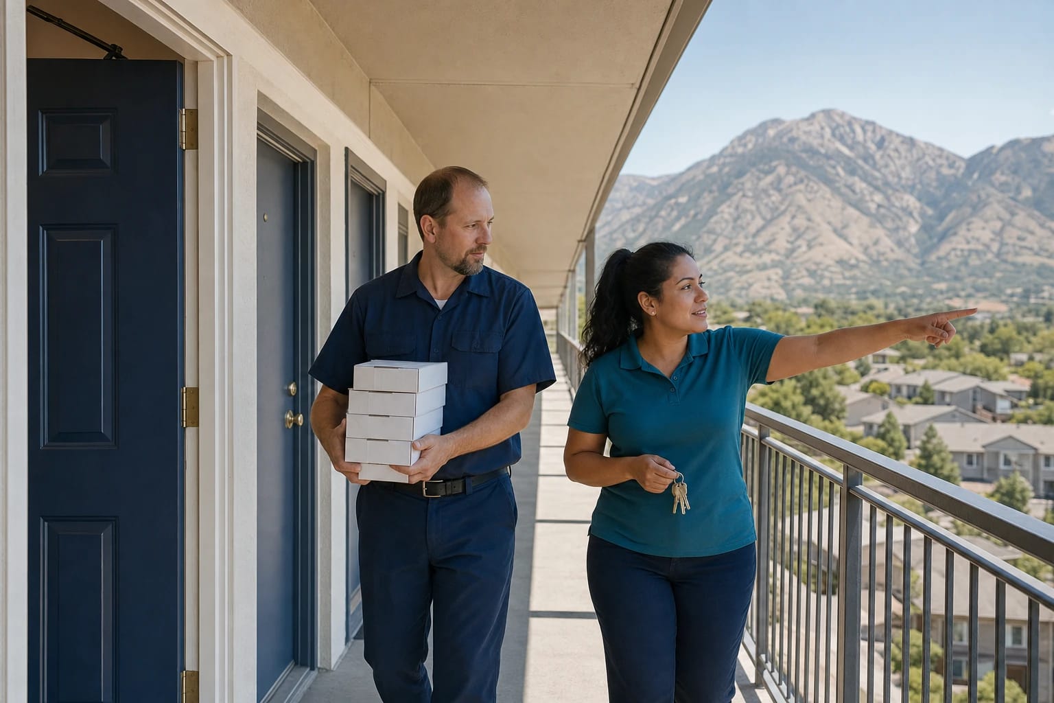 Locksmith carries boxed lock hardware along an apartment walkway as a manager holding keys points ahead