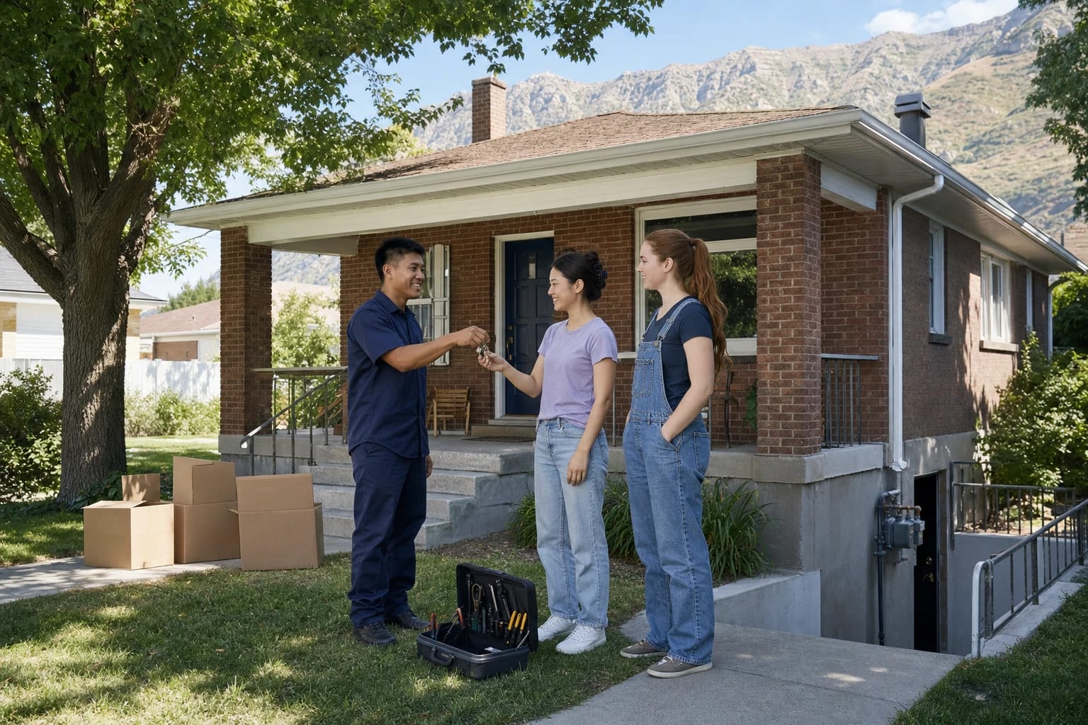Locksmith hands keys to a young woman outside a brick bungalow with moving boxes and rugged mountains behind