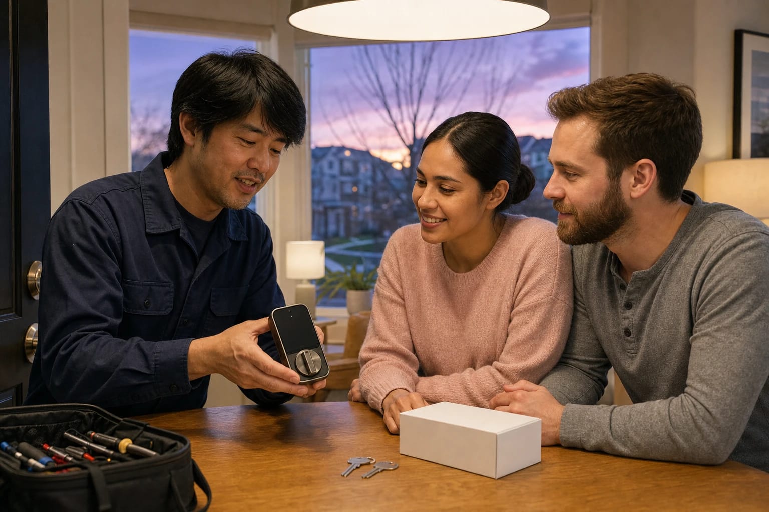 Locksmith shows a couple a smart deadbolt with a keypad screen at their dining table in the evening