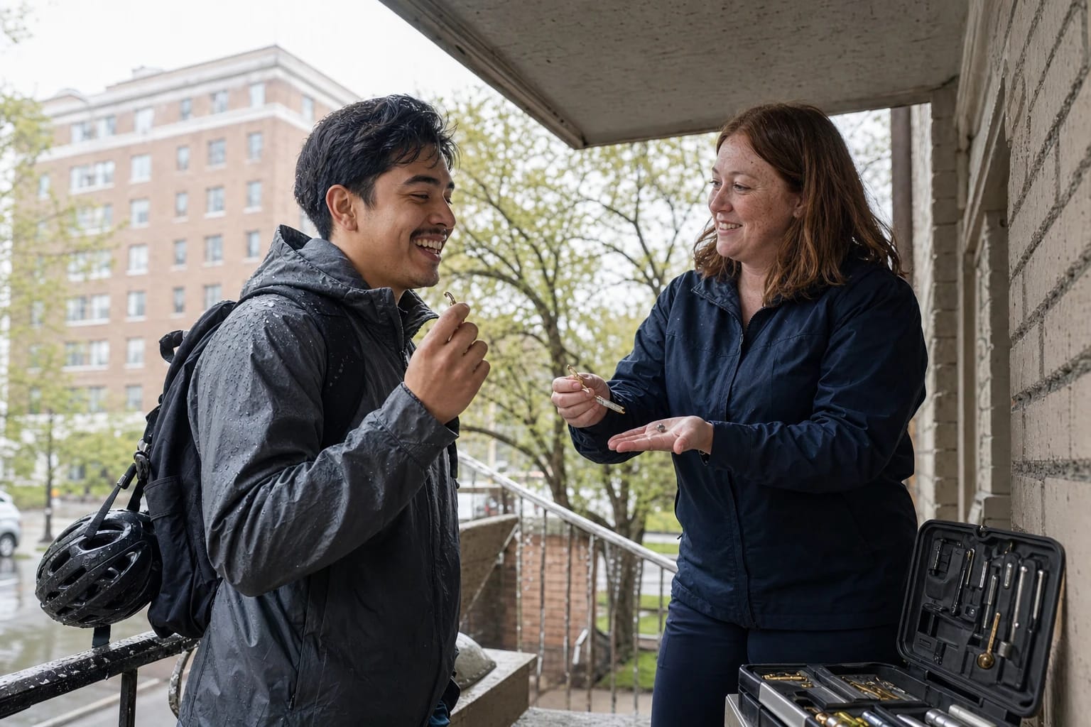 Locksmith shows a renter the snapped key pieces on a rainy apartment building porch, tool case open