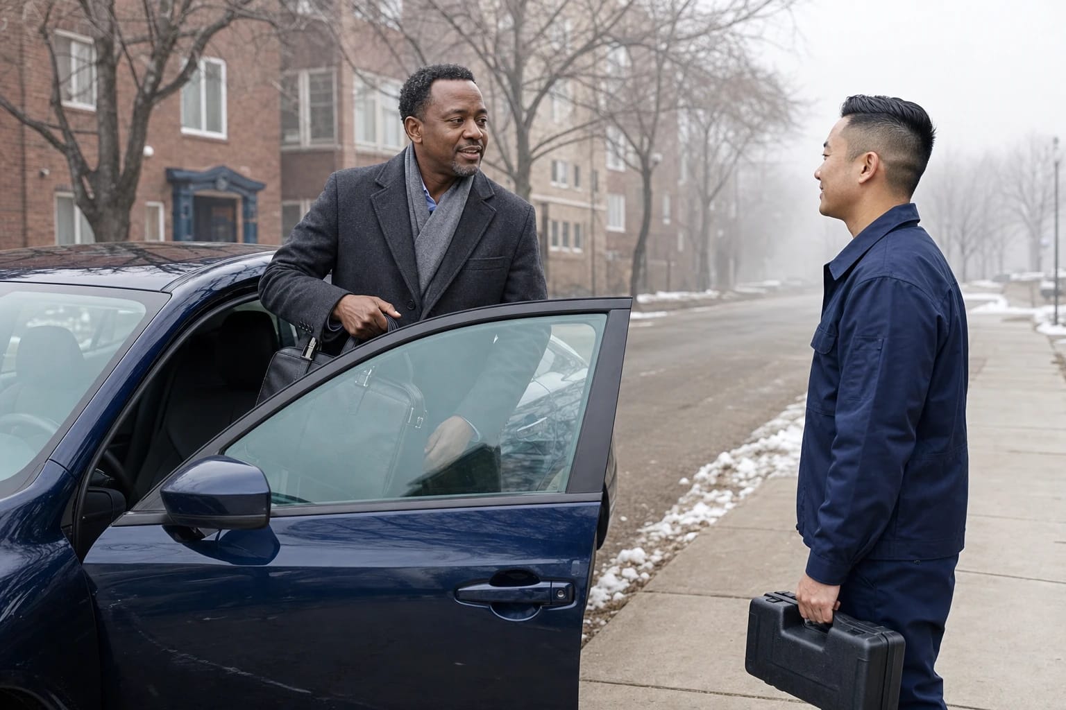 Driver steps back into his open car on a foggy winter street as a locksmith with a tool case looks on