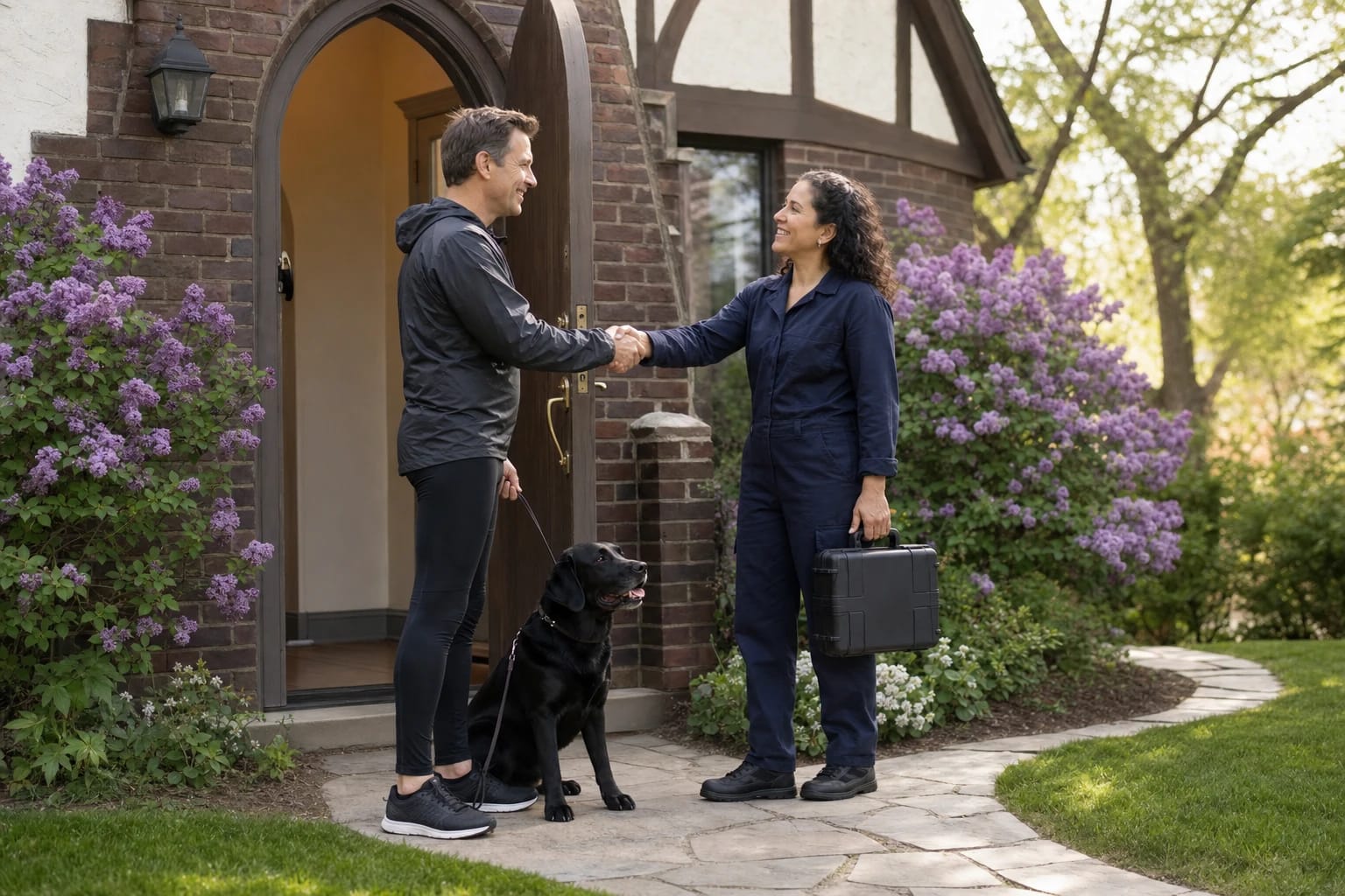 Locksmith with a case shakes hands with a jogger and his black Lab at an open Tudor-style front door among lilacs