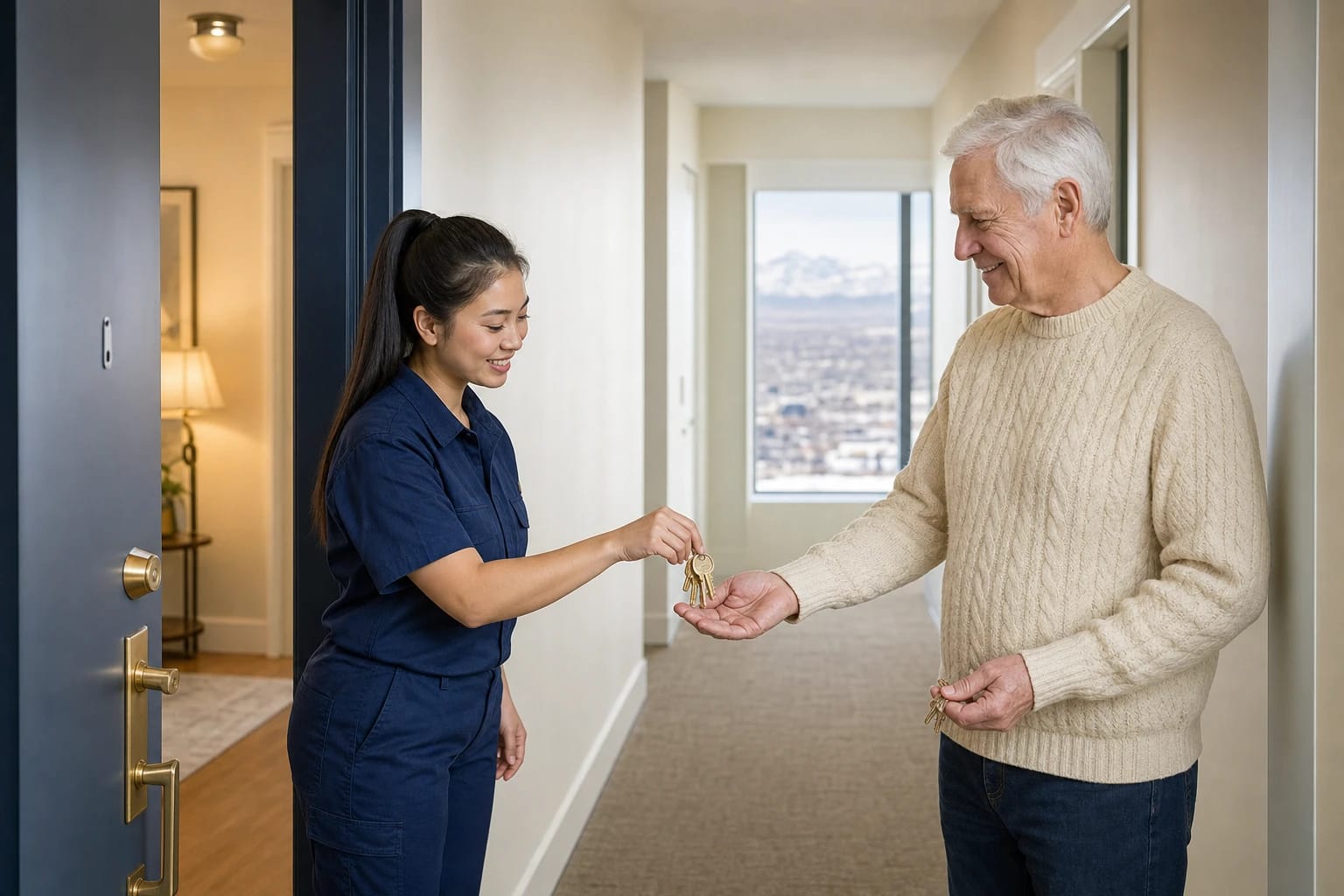 Locksmith hands new brass keys to an older man in an apartment hallway, window showing a city and snowy mountains