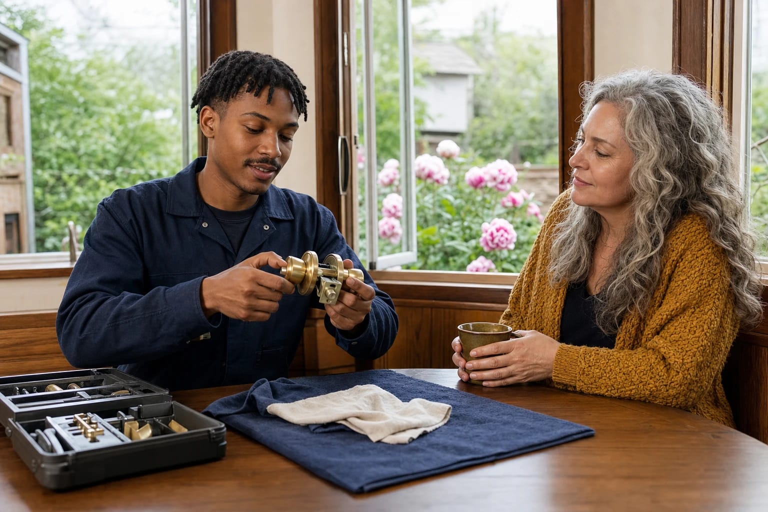 Locksmith examines a brass knob lockset at a kitchen table as a woman holds a mug, peonies blooming outside