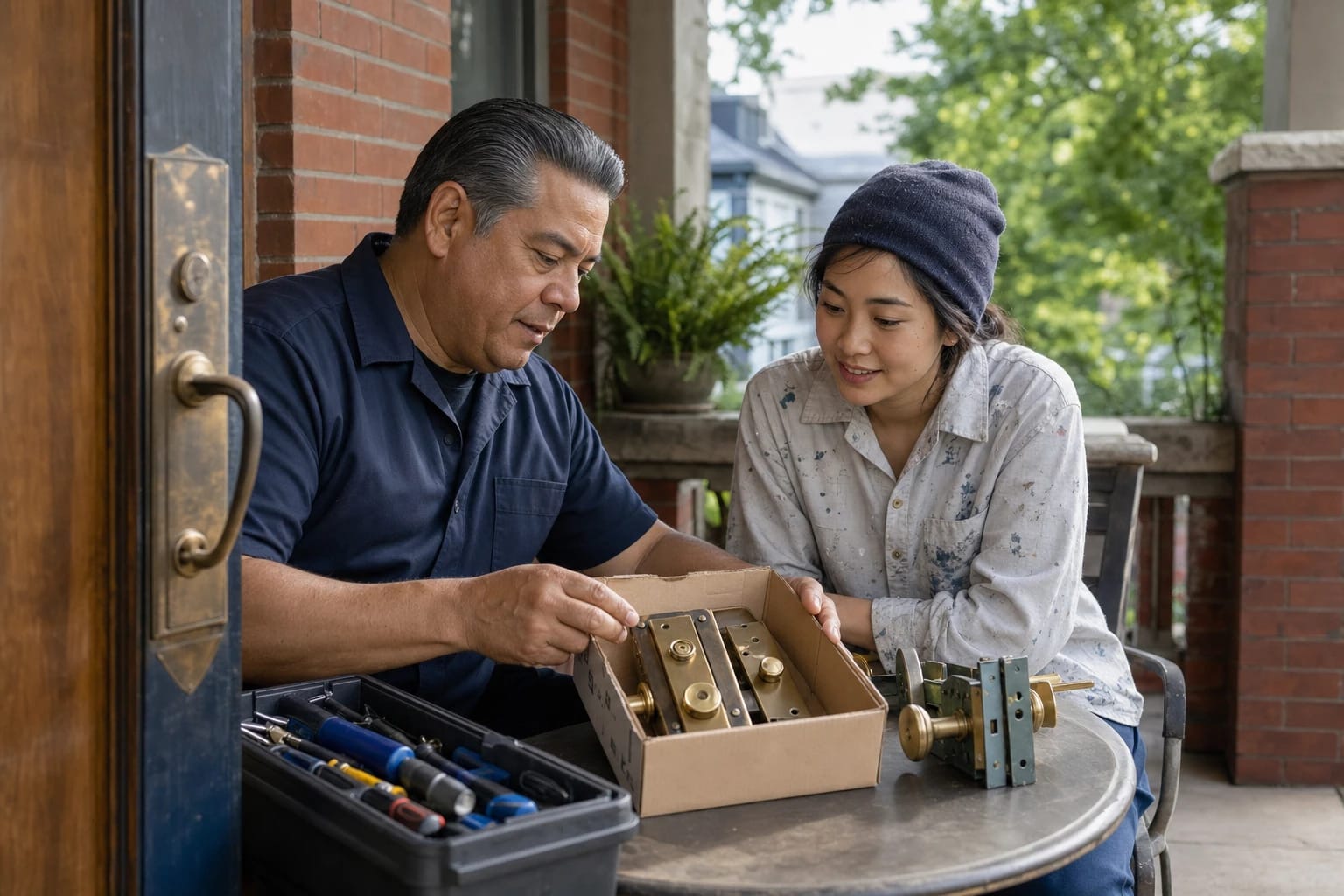 Locksmith sorts old brass mortise locks from a box with a homeowner at a porch table beside a toolbox