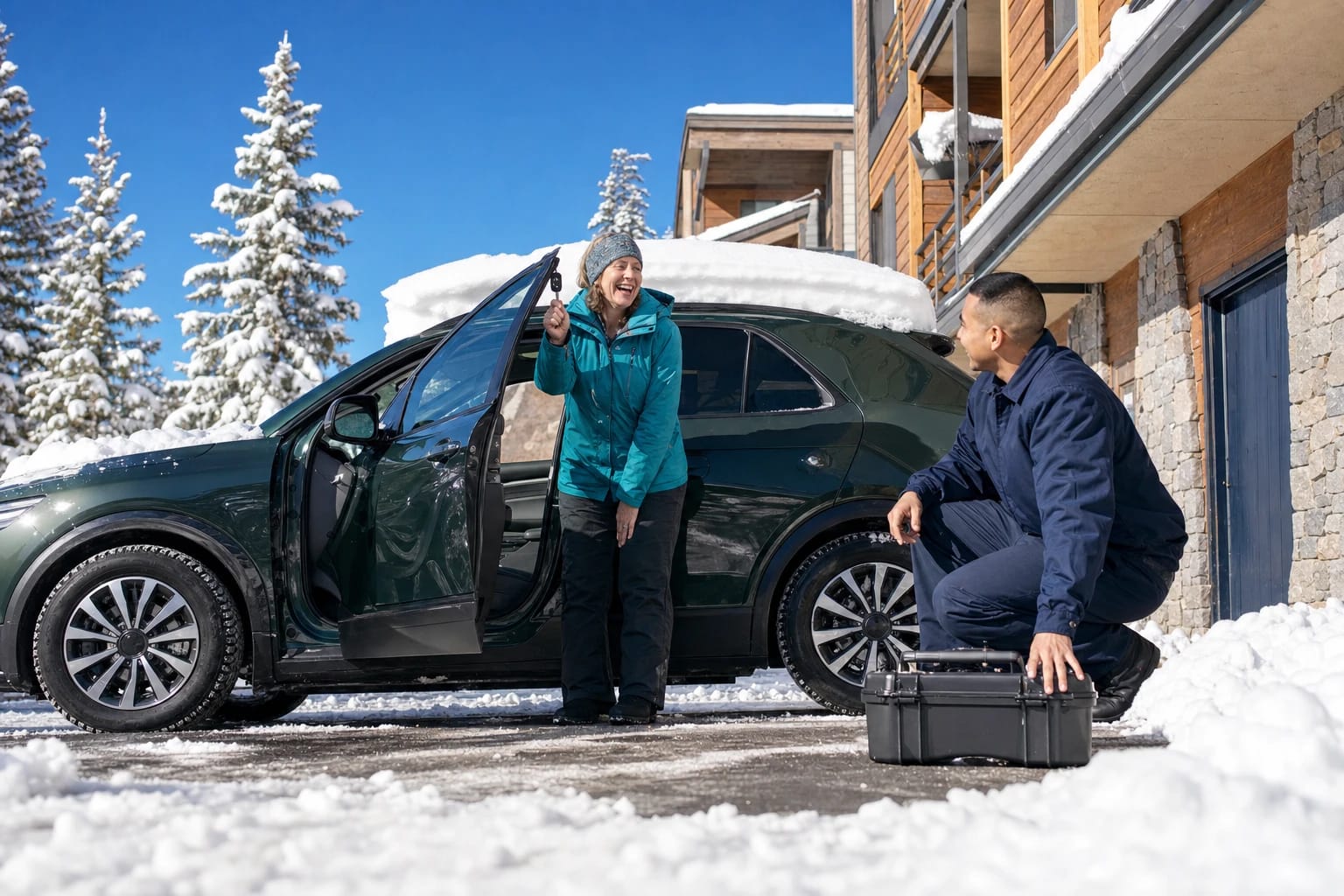 Laughing driver holds up her car key by an open SUV door as a locksmith kneels by his case in snow