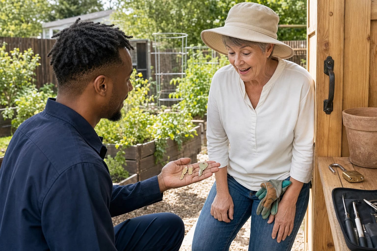 Locksmith shows snapped key pieces and a working key to a smiling gardener beside her backyard shed