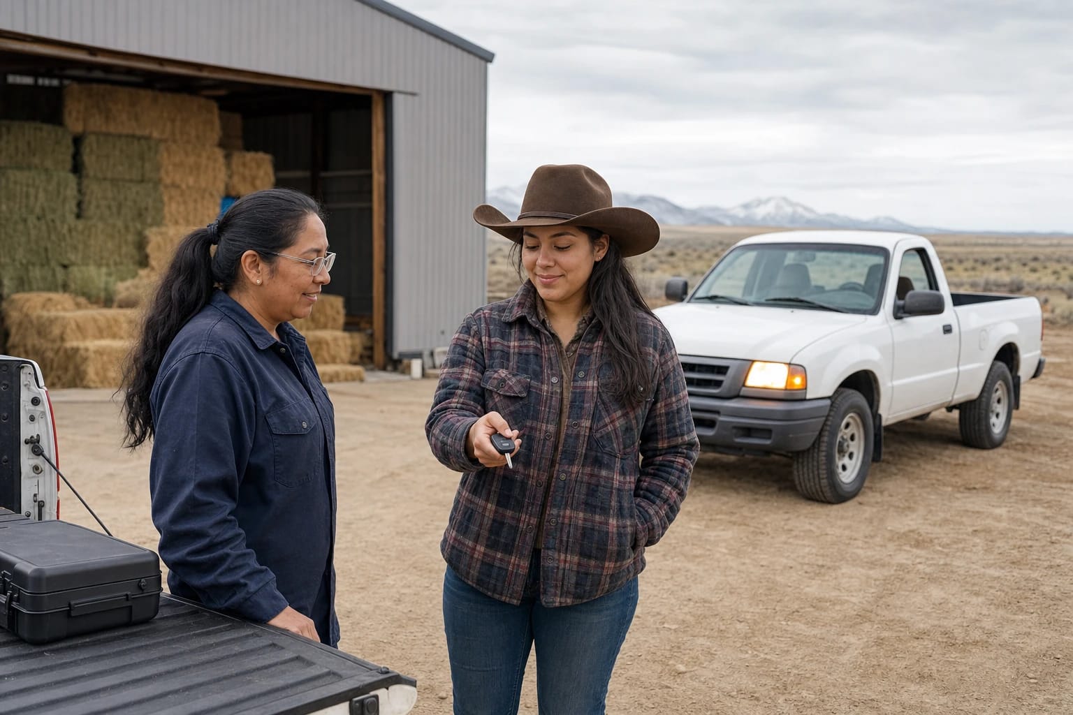 Rancher in a cowboy hat tries a new car key beside a locksmith at a hay barn, white pickup and snowy peaks behind