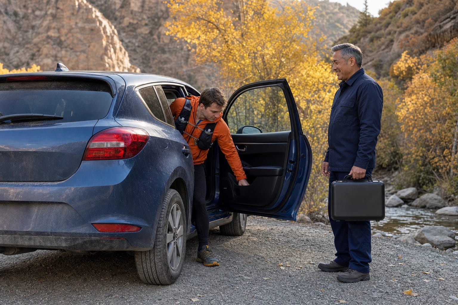 Runner reaches into his open car at a canyon pullout while a smiling locksmith holding a case stands by