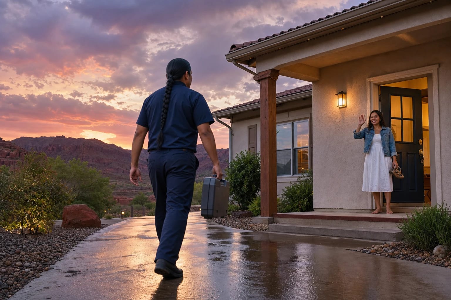 Locksmith carrying a case walks a rain-wet path at dusk toward a stucco home where a barefoot woman waves