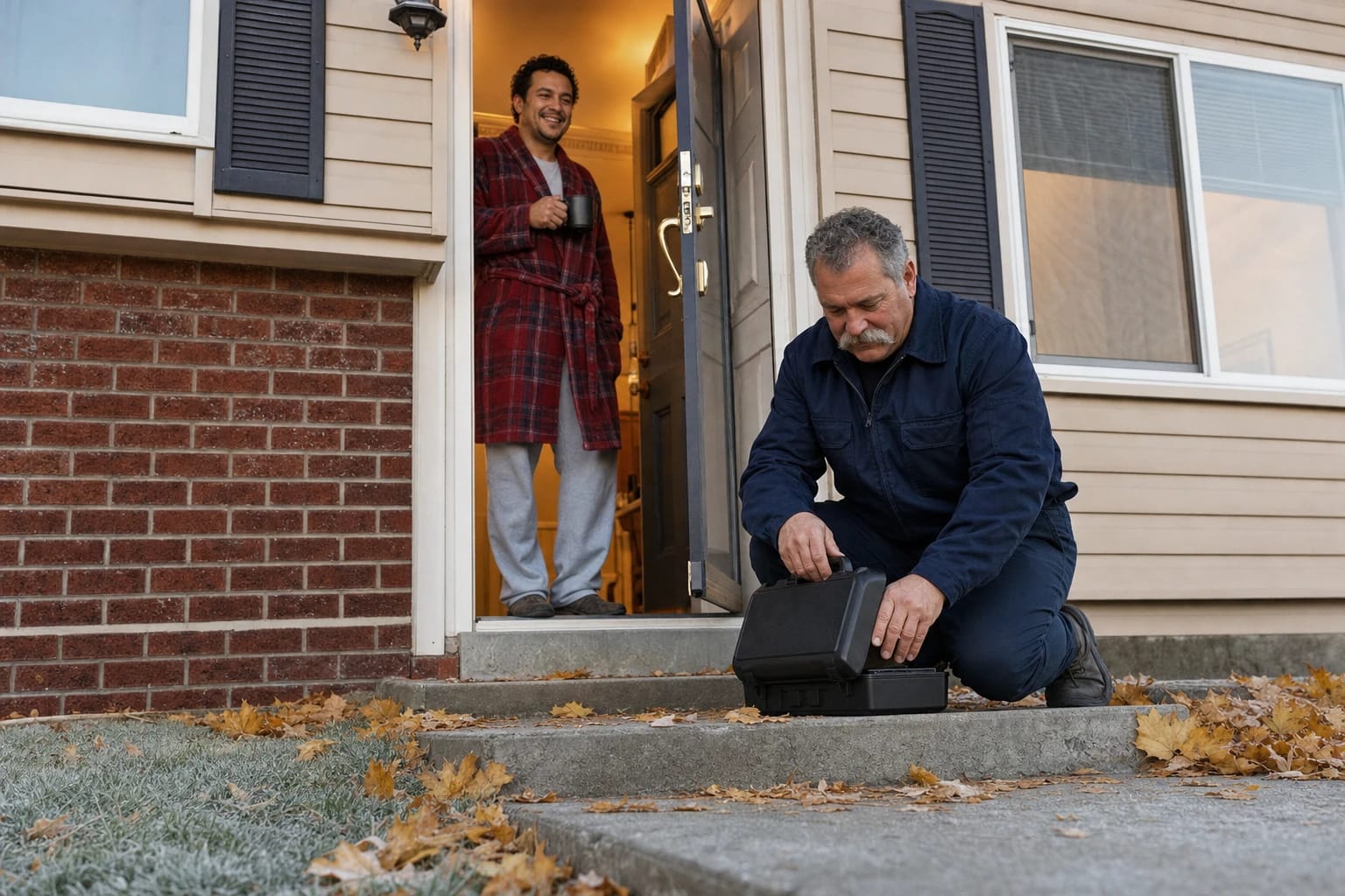 Locksmith packs his case on the front steps as a smiling homeowner in a robe stands in the open door