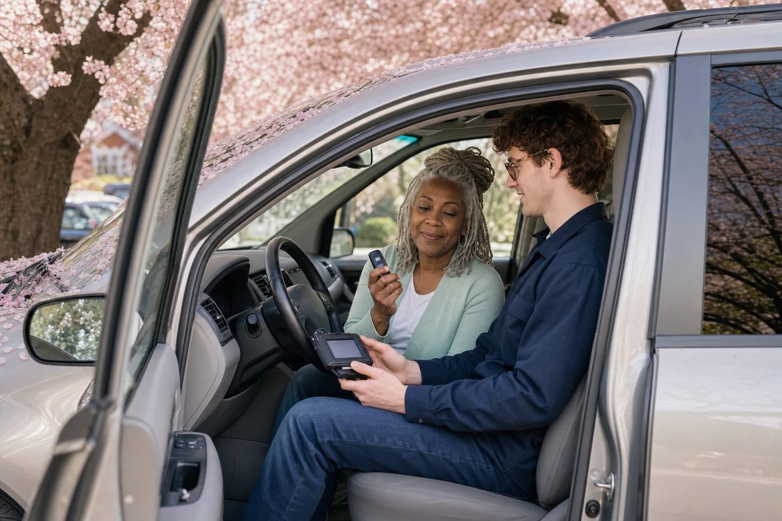 Locksmith holds a programming device in a minivan as a woman tests a key fob under blooming cherry trees