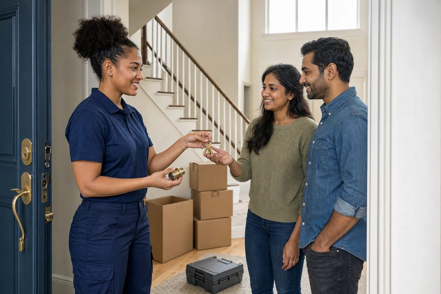 Locksmith holding a removed lock cylinder hands new brass keys to a couple in an entryway with moving boxes