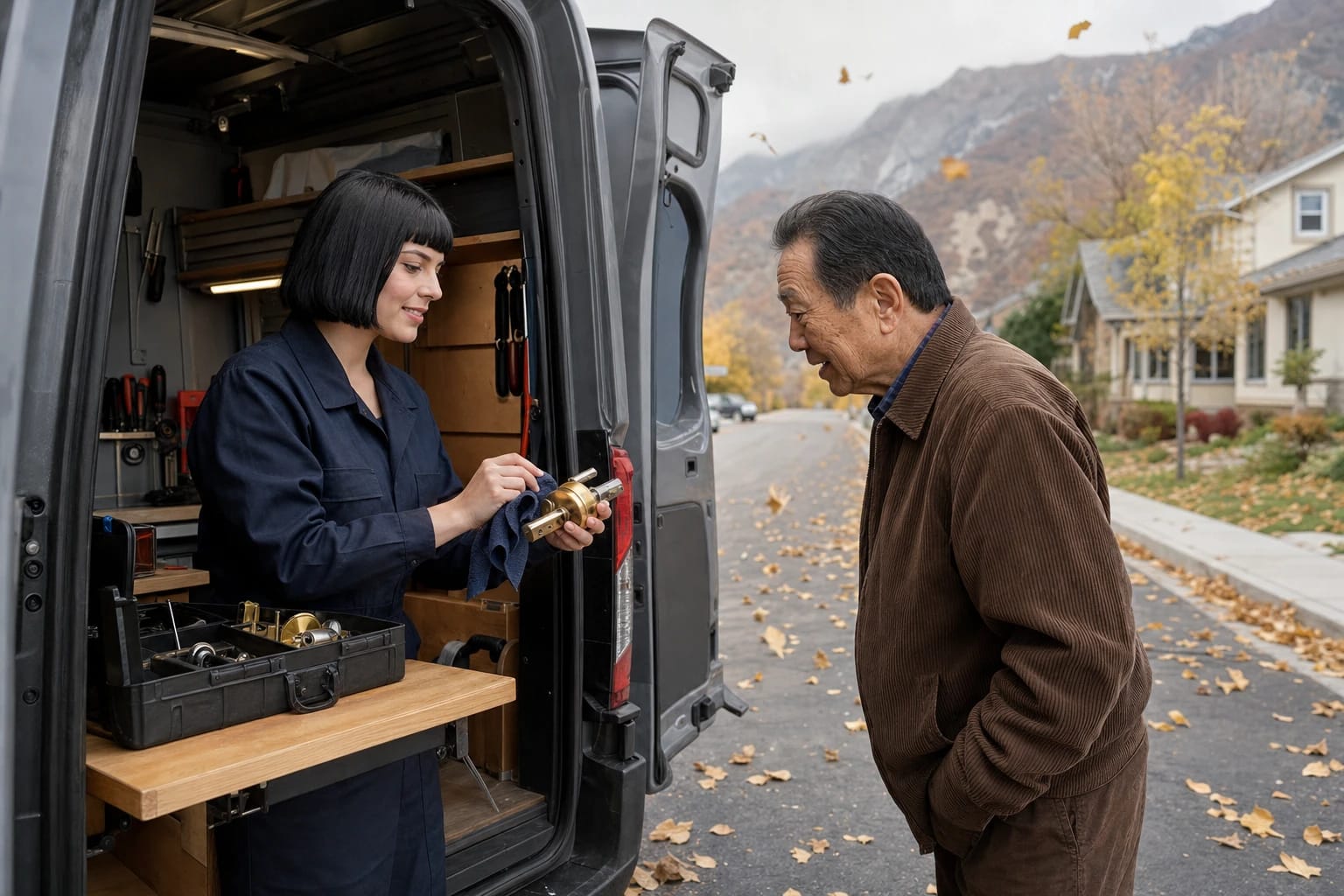 Locksmith cleans a brass knob lockset at her van workbench as an older man watches on a leafy autumn street