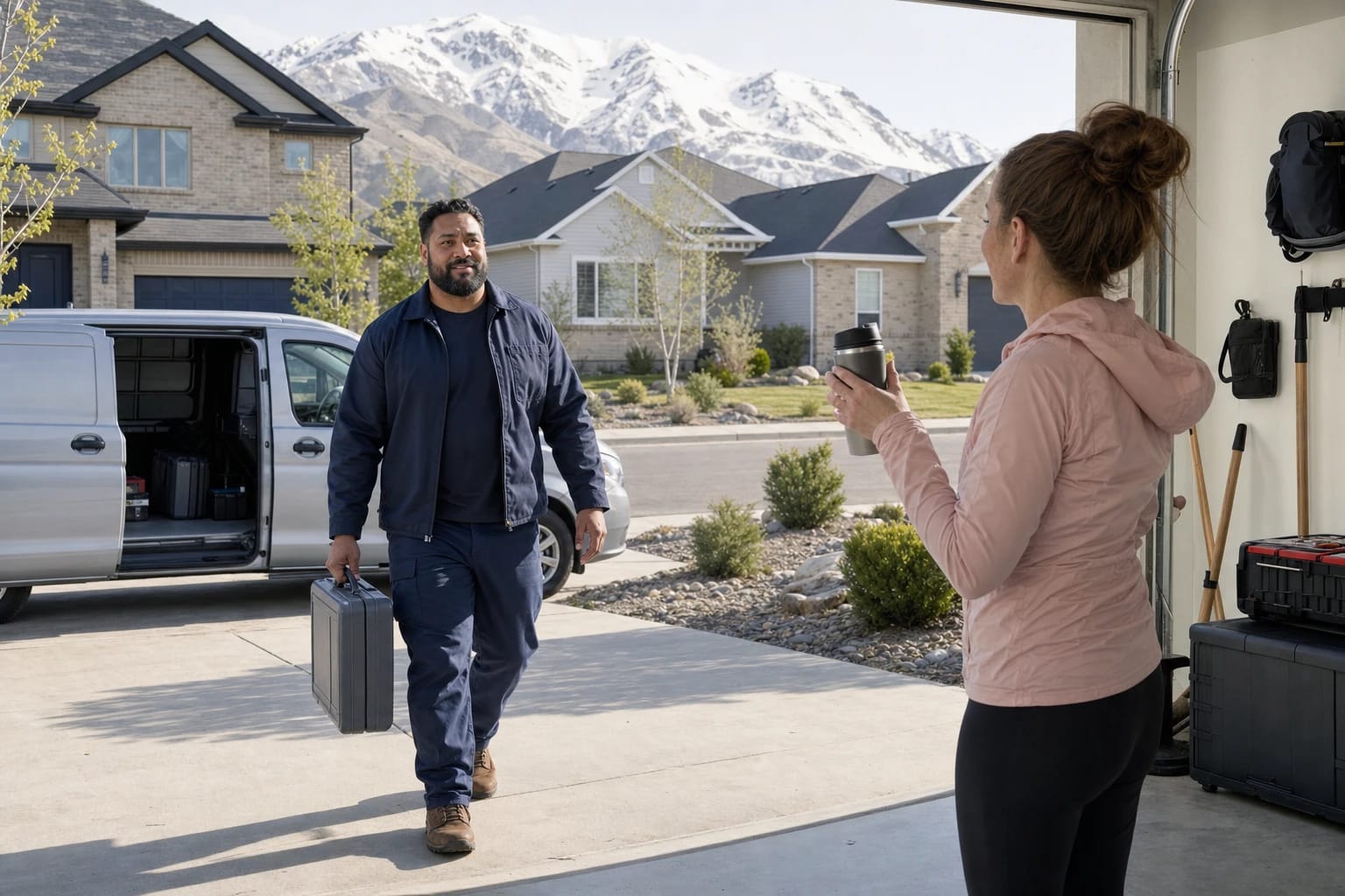 Locksmith carries a case up a driveway toward a homeowner in her garage, snowy mountains behind