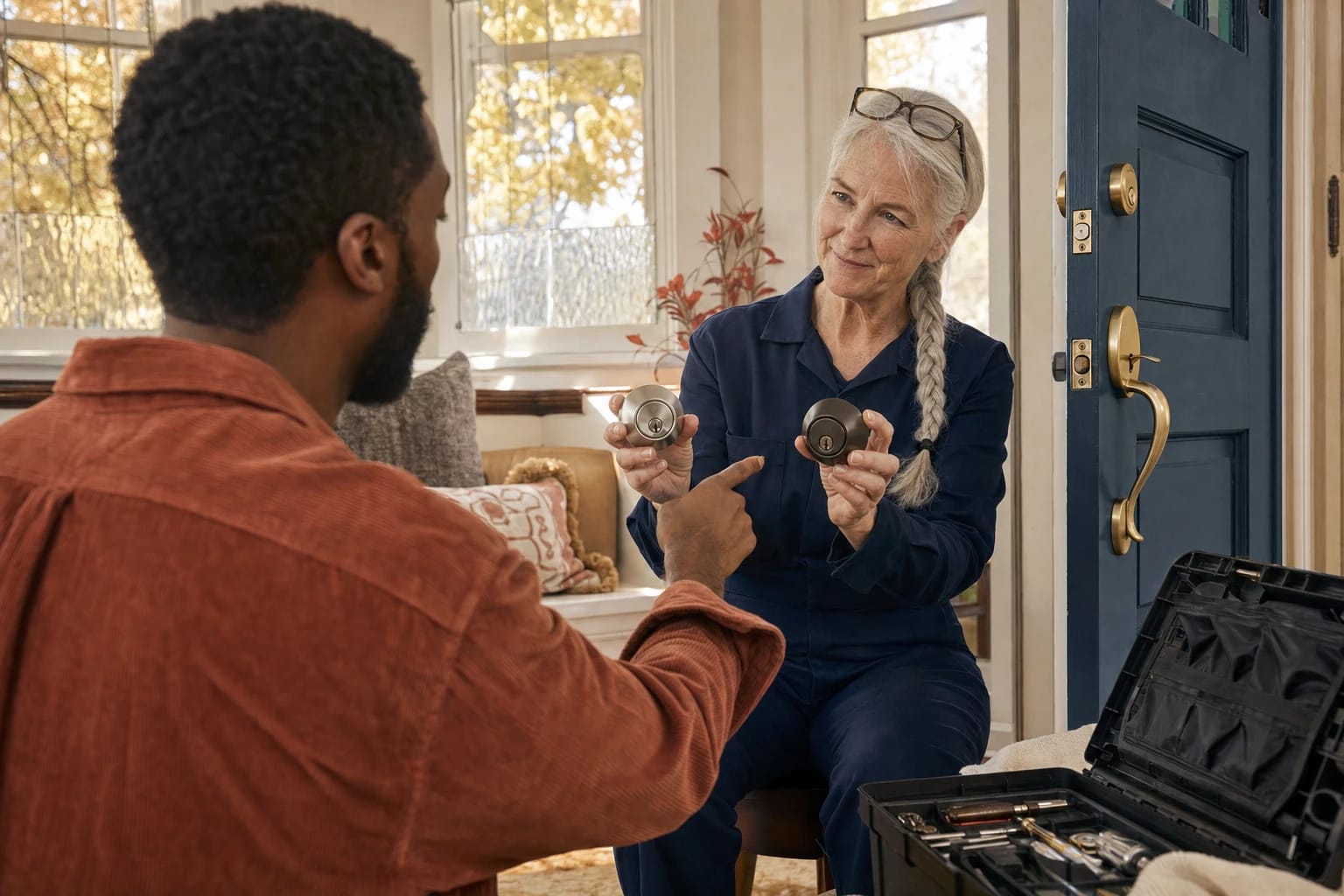 Locksmith holds two deadbolts to compare for a homeowner beside a navy front door