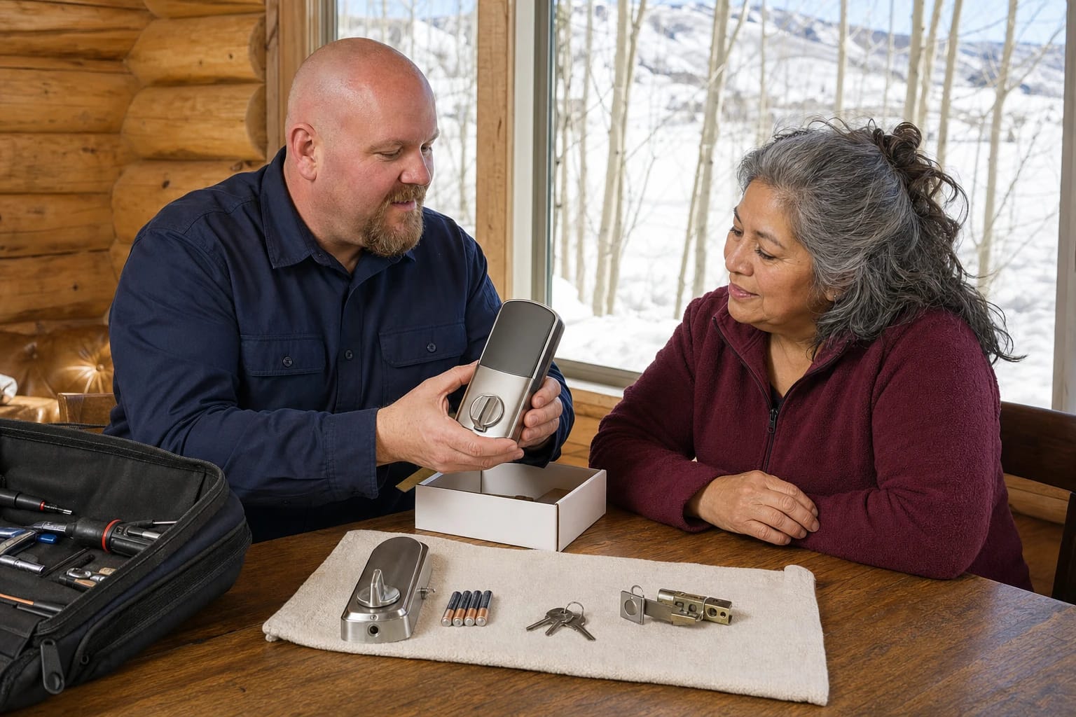 Locksmith shows a touchscreen smart lock to a homeowner at a log cabin table, snowy aspen hills outside