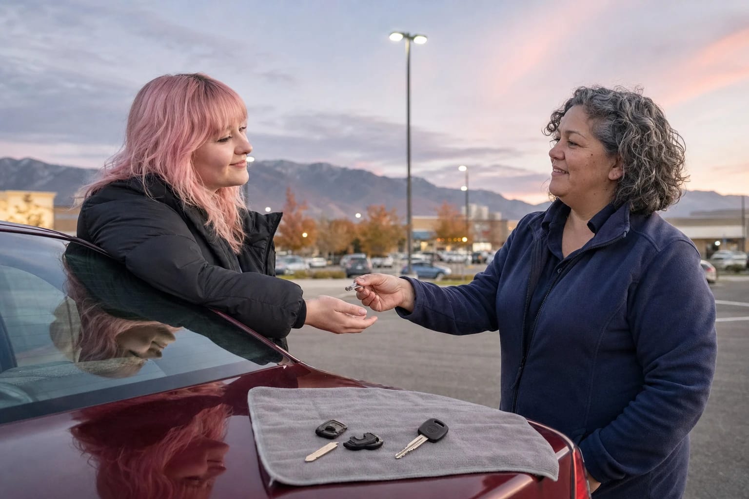 Locksmith hands a key to a woman at her car; snapped key pieces and a new key lie on a towel