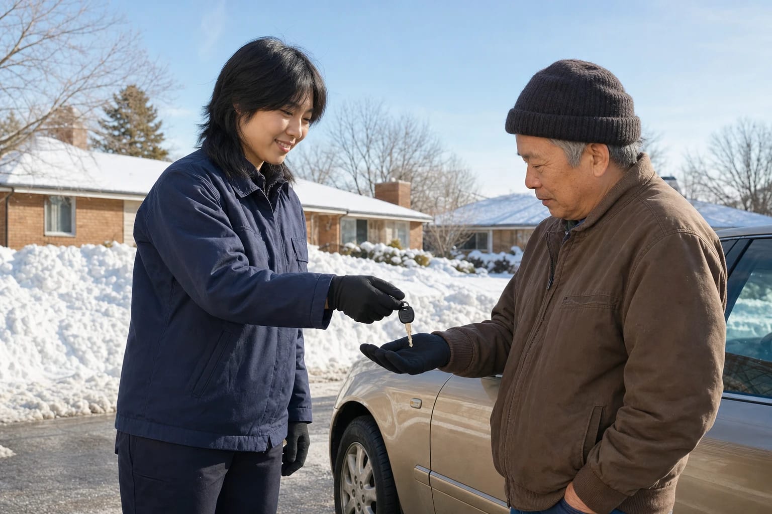 Locksmith hands a new car key to an older man beside his sedan on a snowy residential street