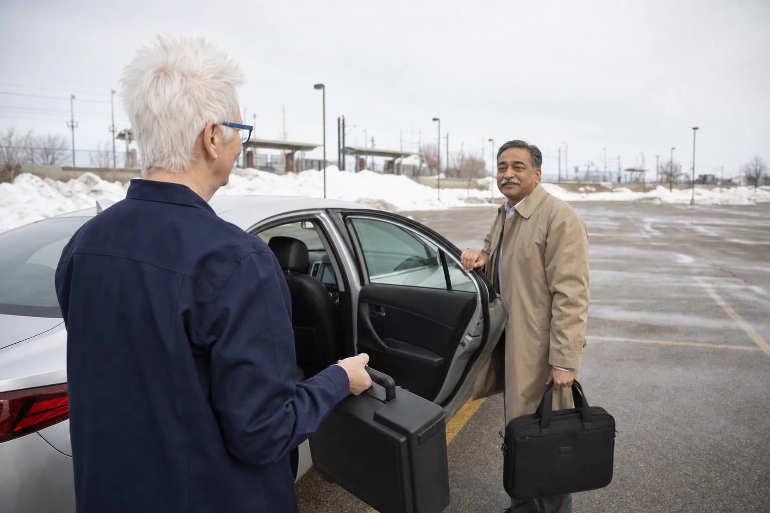 Driver opens his car door in a snowy parking lot while a locksmith holds a tool case