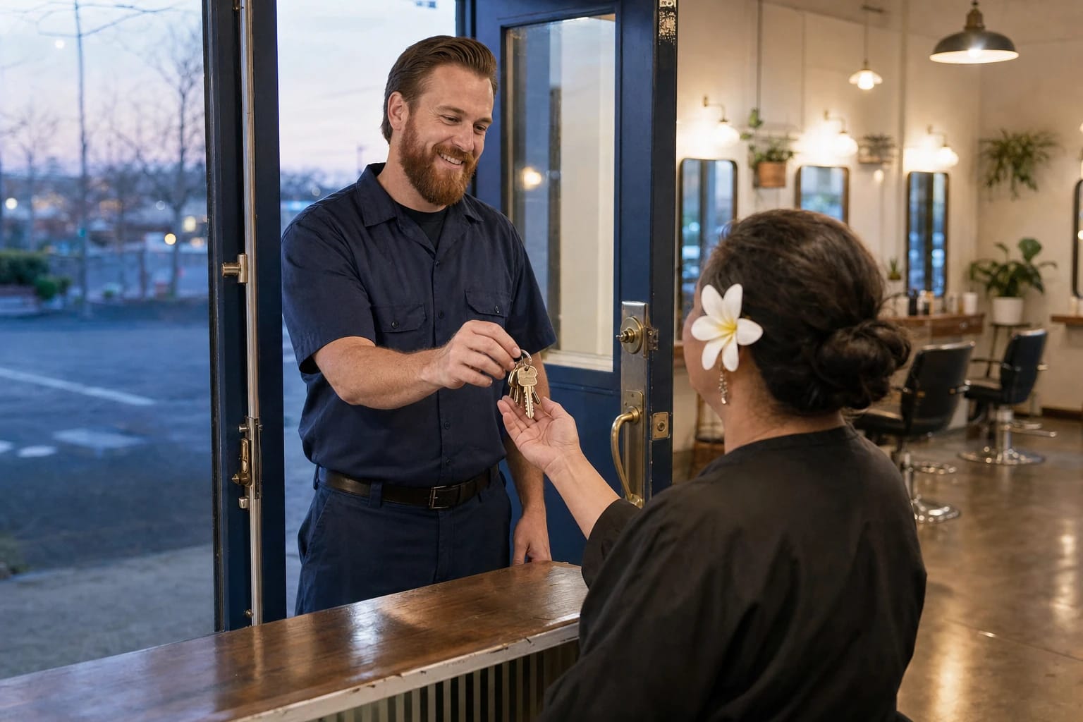 Locksmith hands a set of keys across the counter to a salon owner at the shop entrance at dusk