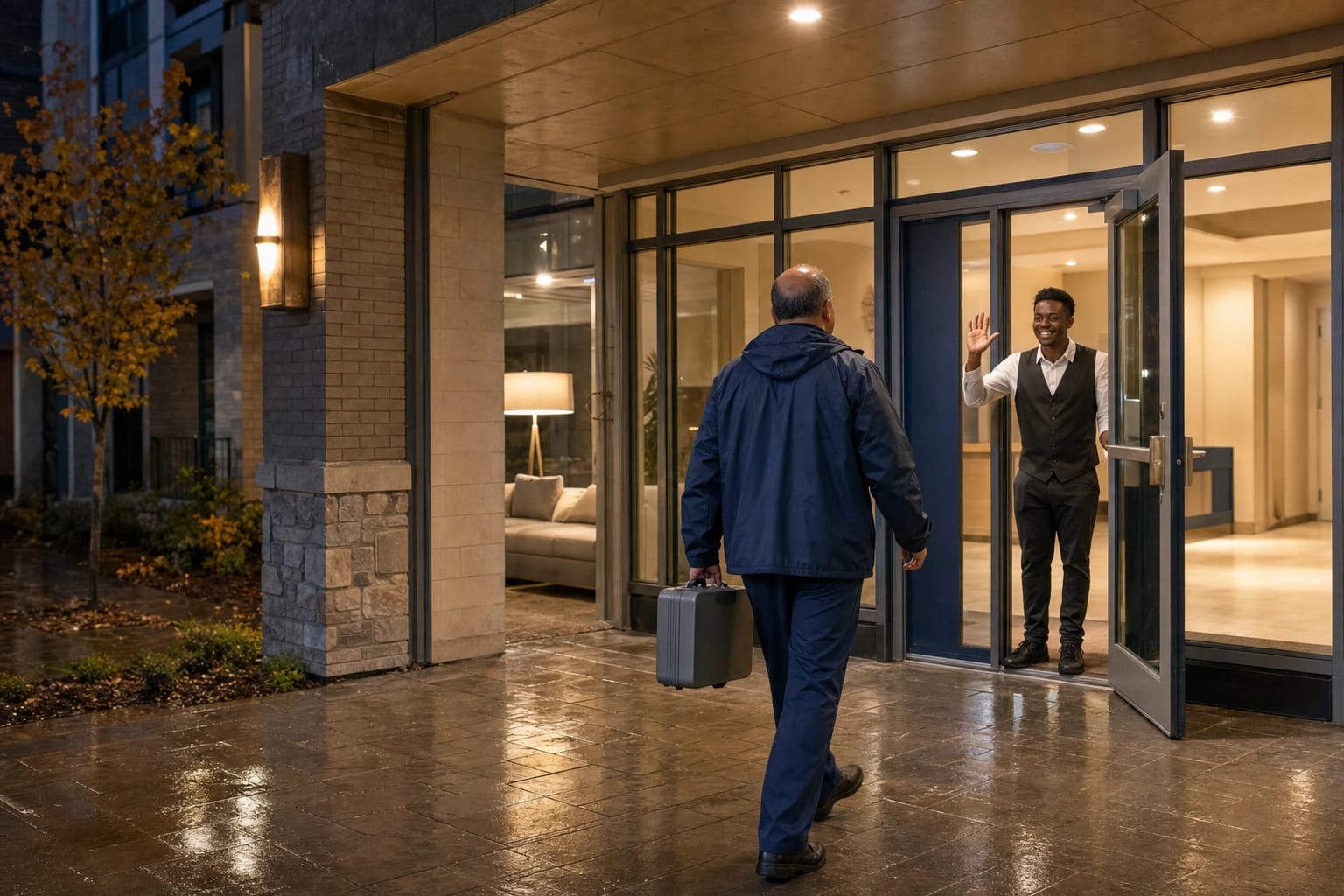 Locksmith carrying a tool case walks toward an apartment lobby at night as a concierge waves from the open door
