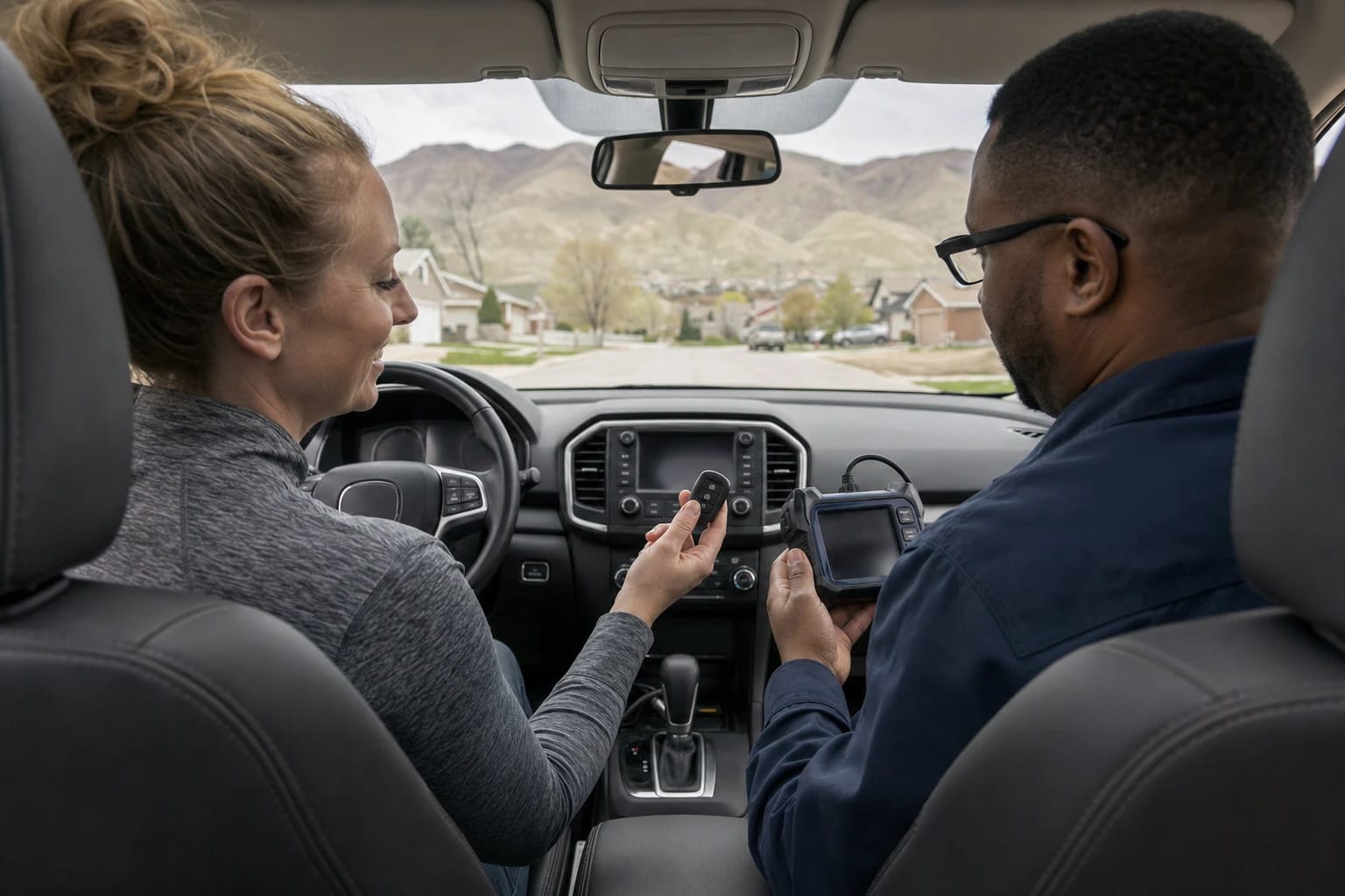 Locksmith with a programming tool and a driver holding a key fob inside a car, dry foothills beyond the windshield