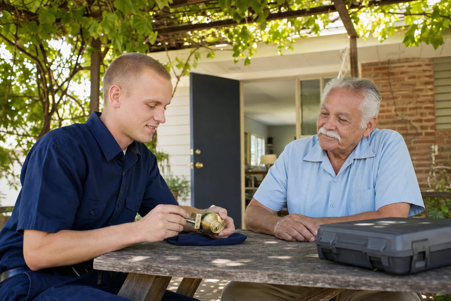 Locksmith adjusts a brass deadbolt at a patio table while an older homeowner watches