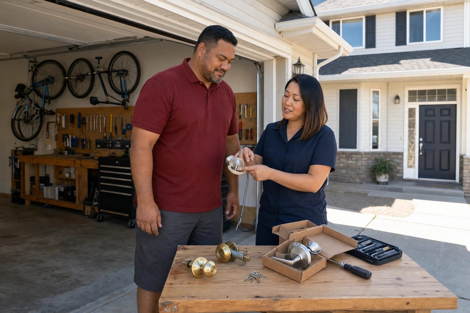 Locksmith shows a homeowner a new boxed lever set beside old brass knobs on a driveway table