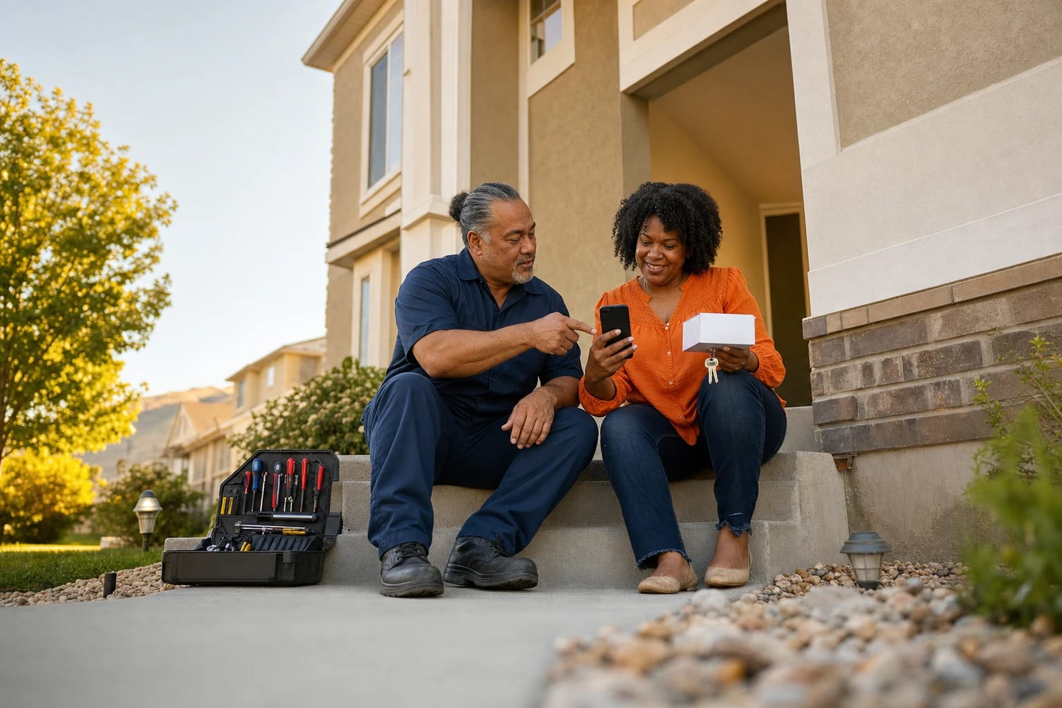 Locksmith points to a phone app as a homeowner holds a boxed lock and keys on her front steps