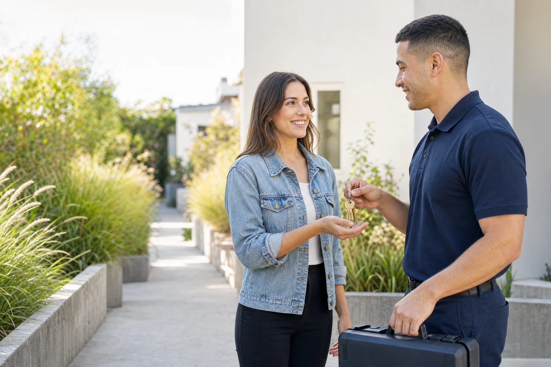 Locksmith hands a set of brass keys to a smiling woman on a garden walkway outside a white home