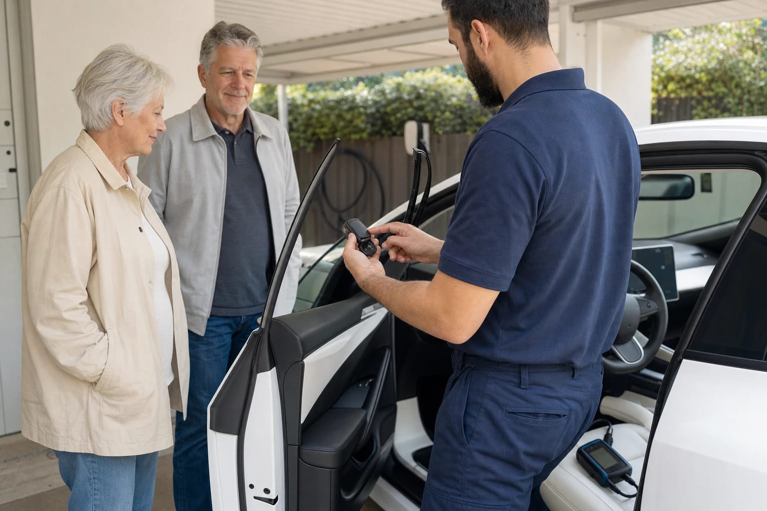 Locksmith programs a key fob beside a white electric car as an older couple watches in a carport