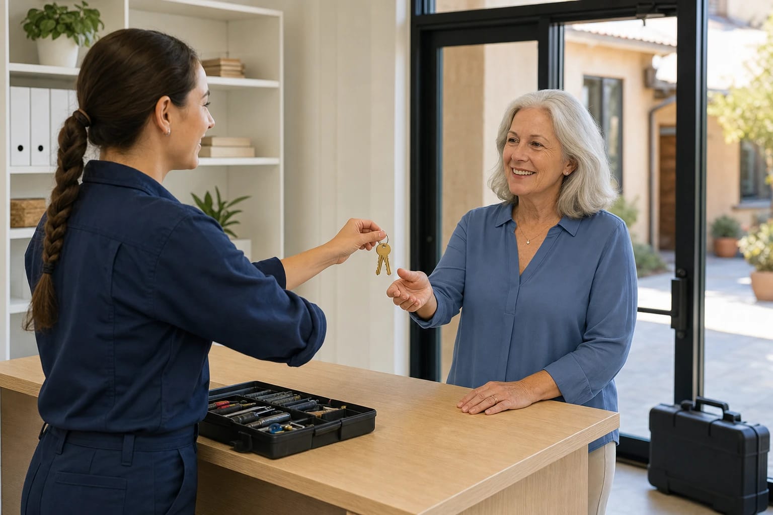 Locksmith hands new keys across a shop counter to a smiling business owner