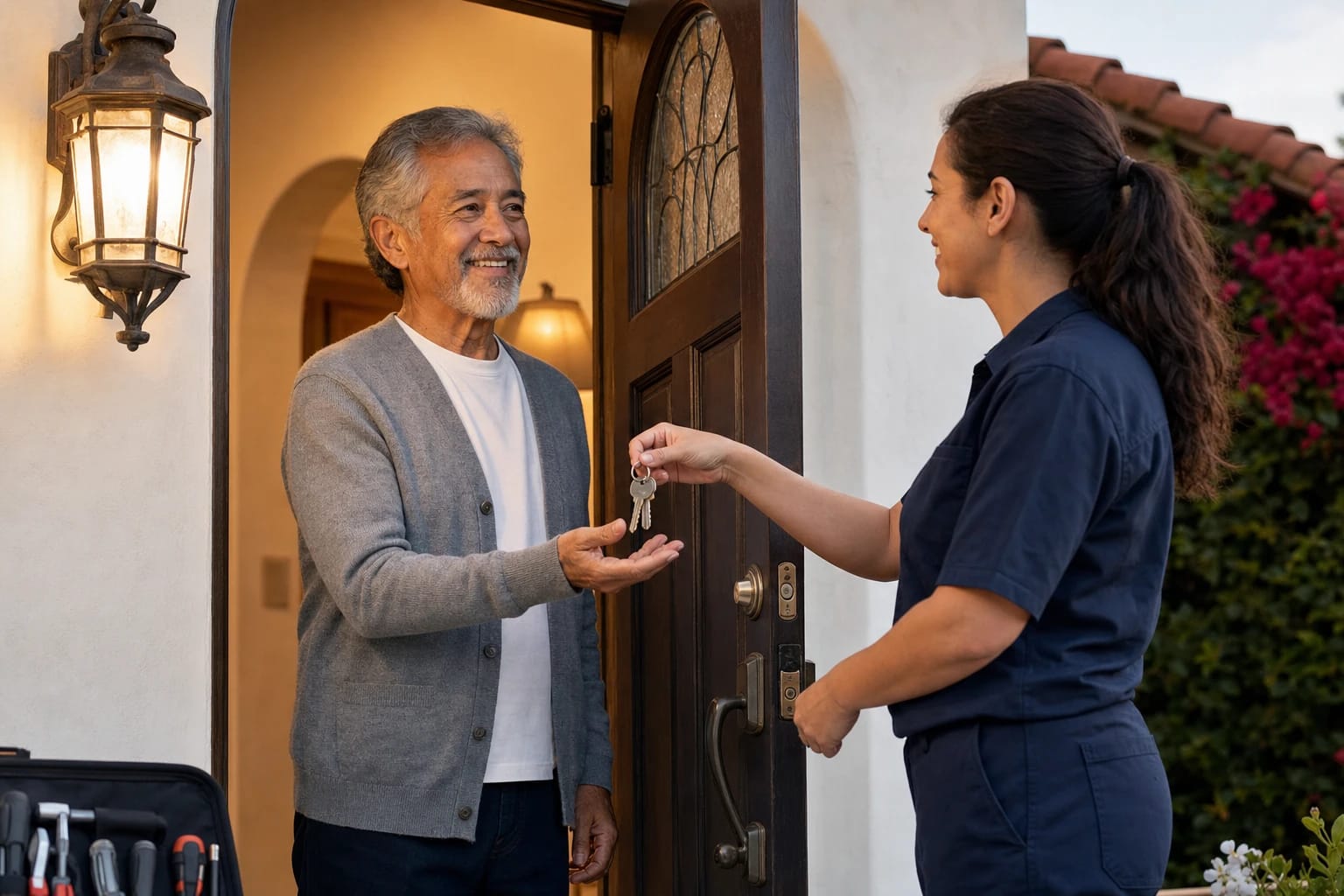 Locksmith hands keys to a smiling homeowner at an arched wooden door under a porch lantern at dusk