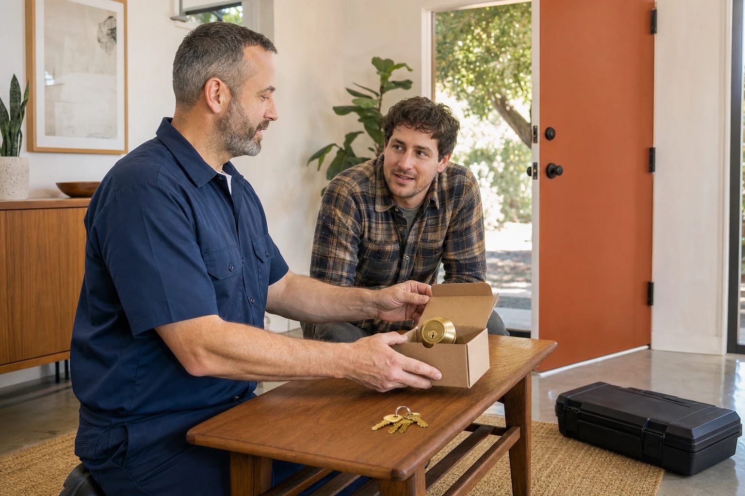 Locksmith shows a homeowner a new boxed brass deadbolt, spare keys on the coffee table